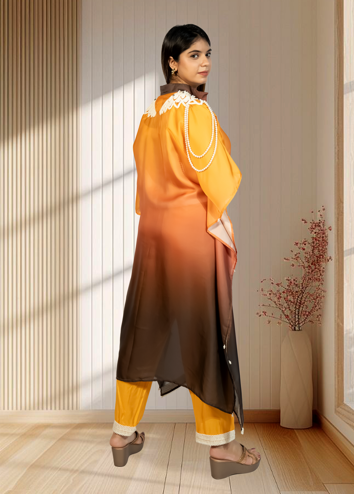Double Shaded Ombré Satin Choga with Pant | Hand Pearl & Cut Dana Work | Sizes L–XXL - Bebo N Lolo