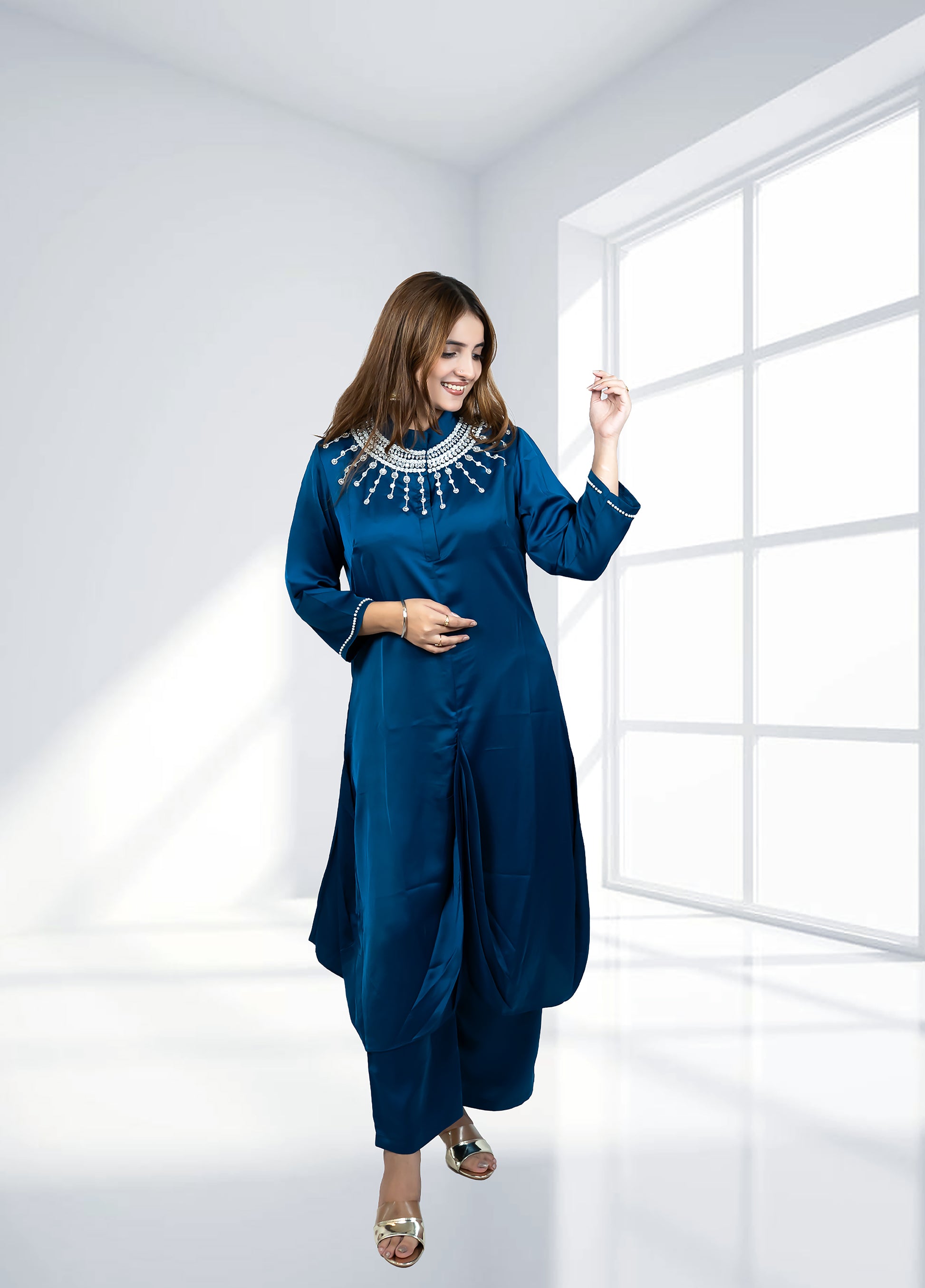 Teal Saartan Long Gathered Shirt with Plazo | Softy & Pearl Work | Sizes M–XL - Bebo N Lolo
