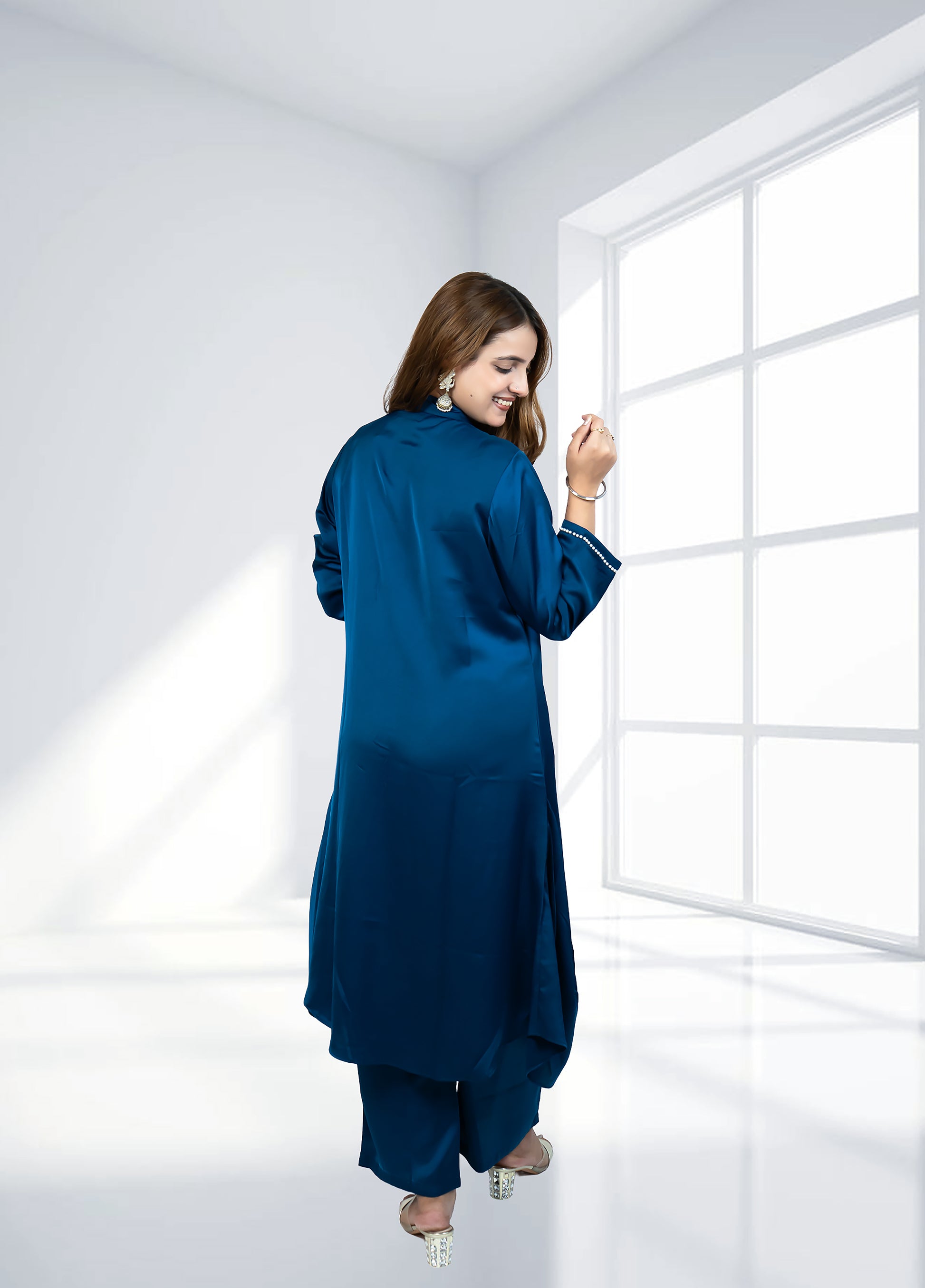 Teal Saartan Long Gathered Shirt with Plazo | Softy & Pearl Work | Sizes M–XL - Bebo N Lolo