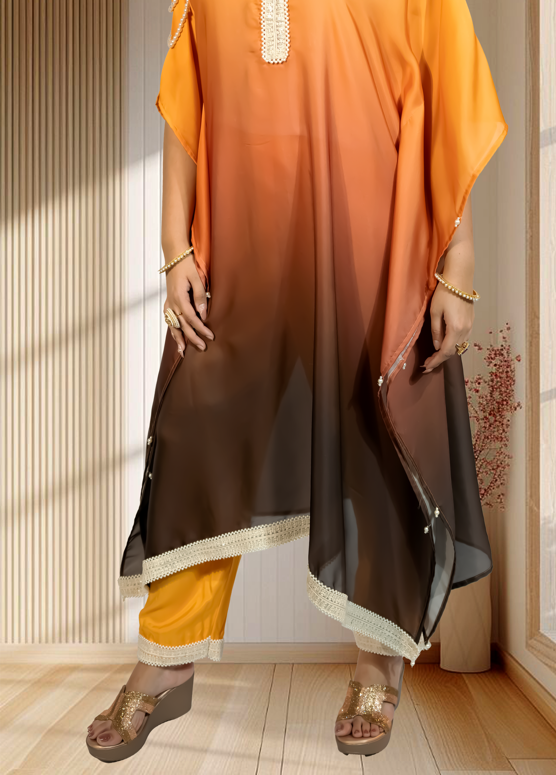 Double Shaded Ombré Satin Choga with Pant | Hand Pearl & Cut Dana Work | Sizes L–XXL - Bebo N Lolo