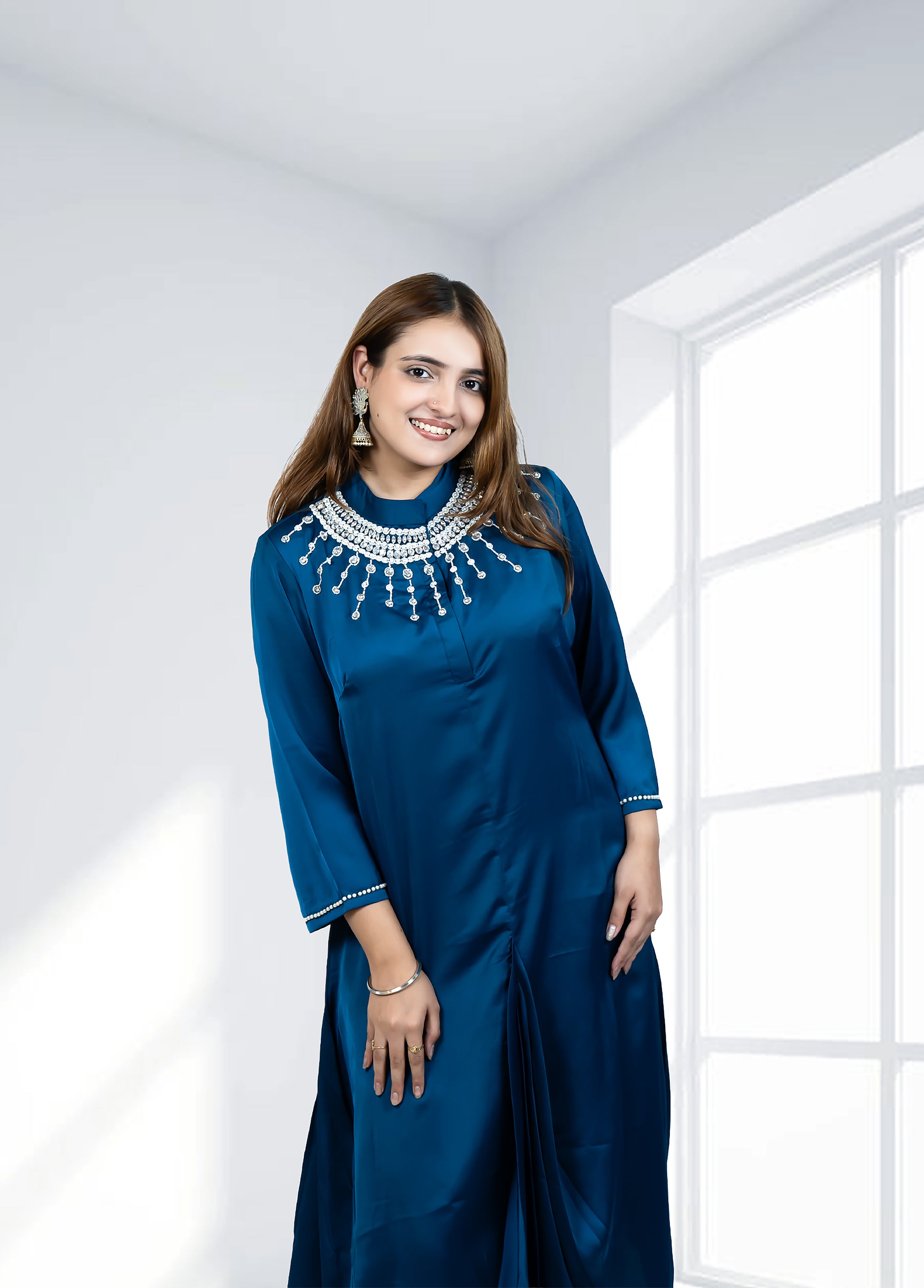 Teal Saartan Long Gathered Shirt with Plazo | Softy & Pearl Work | Sizes M–XL - Bebo N Lolo
