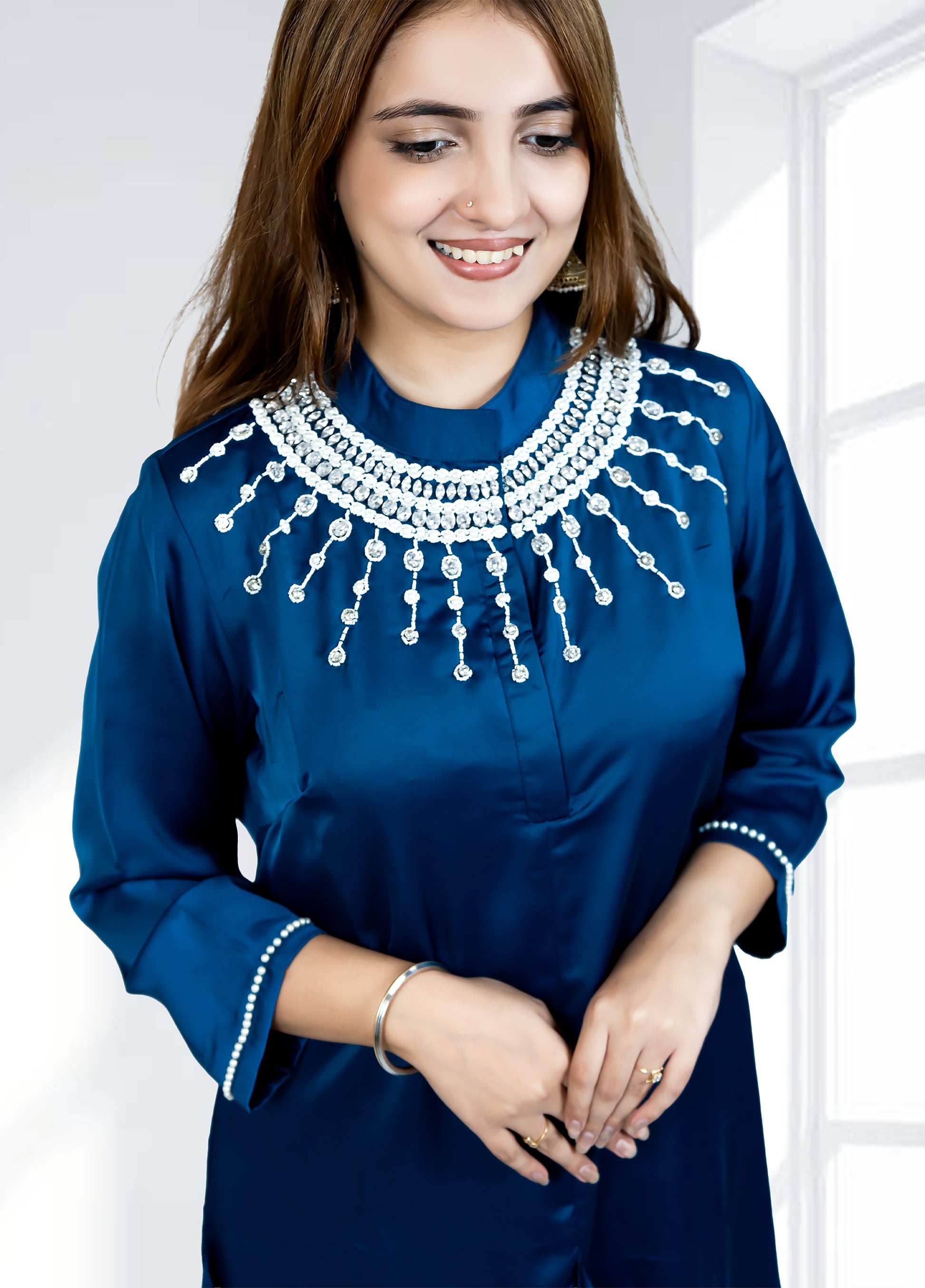 Teal Saartan Long Gathered Shirt with Plazo | Softy & Pearl Work | Sizes M–XL - Bebo N Lolo