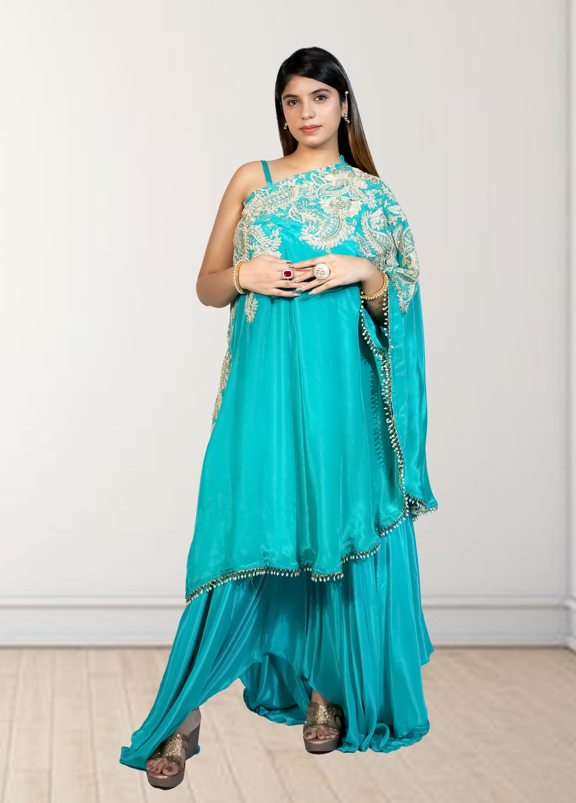 Rama Green Off-Shoulder Cape with Sharara & Breastiser | Pearl, Lace, Cut Dana & Sequence Work | Indo Western | Sizes L–XXL - Bebo N Lolo