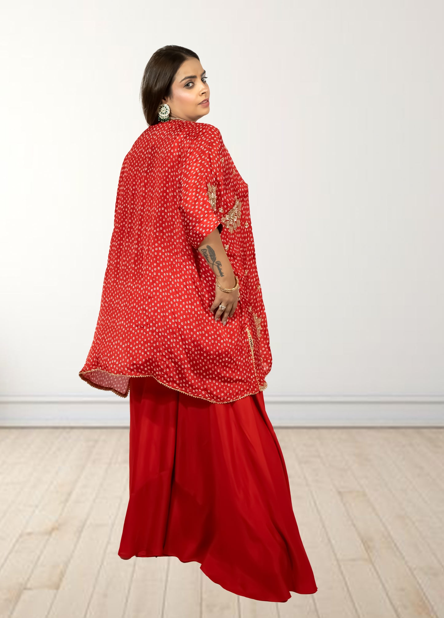 Red Chinon Bandhani Print Loose Palazzo Choga | Sequence & Cut Dana Work - Bebo N Lolo