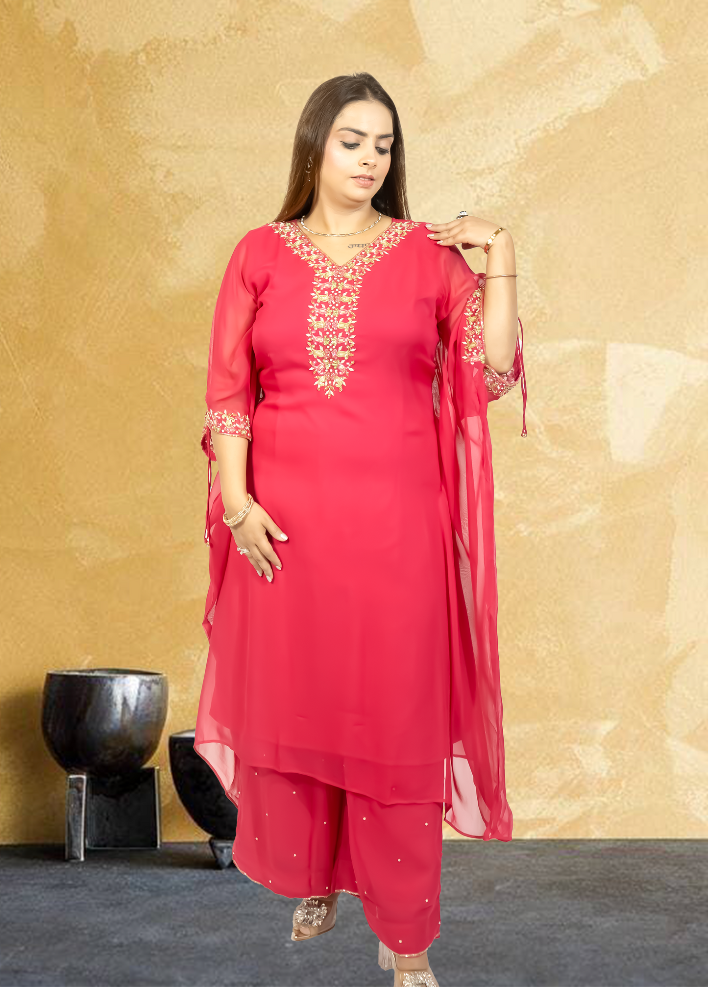 Hot Pink Crape Kaftan with Palazzo | Cut Dana & Sequence Embroidery | Sizes L–XXL - Bebo N Lolo