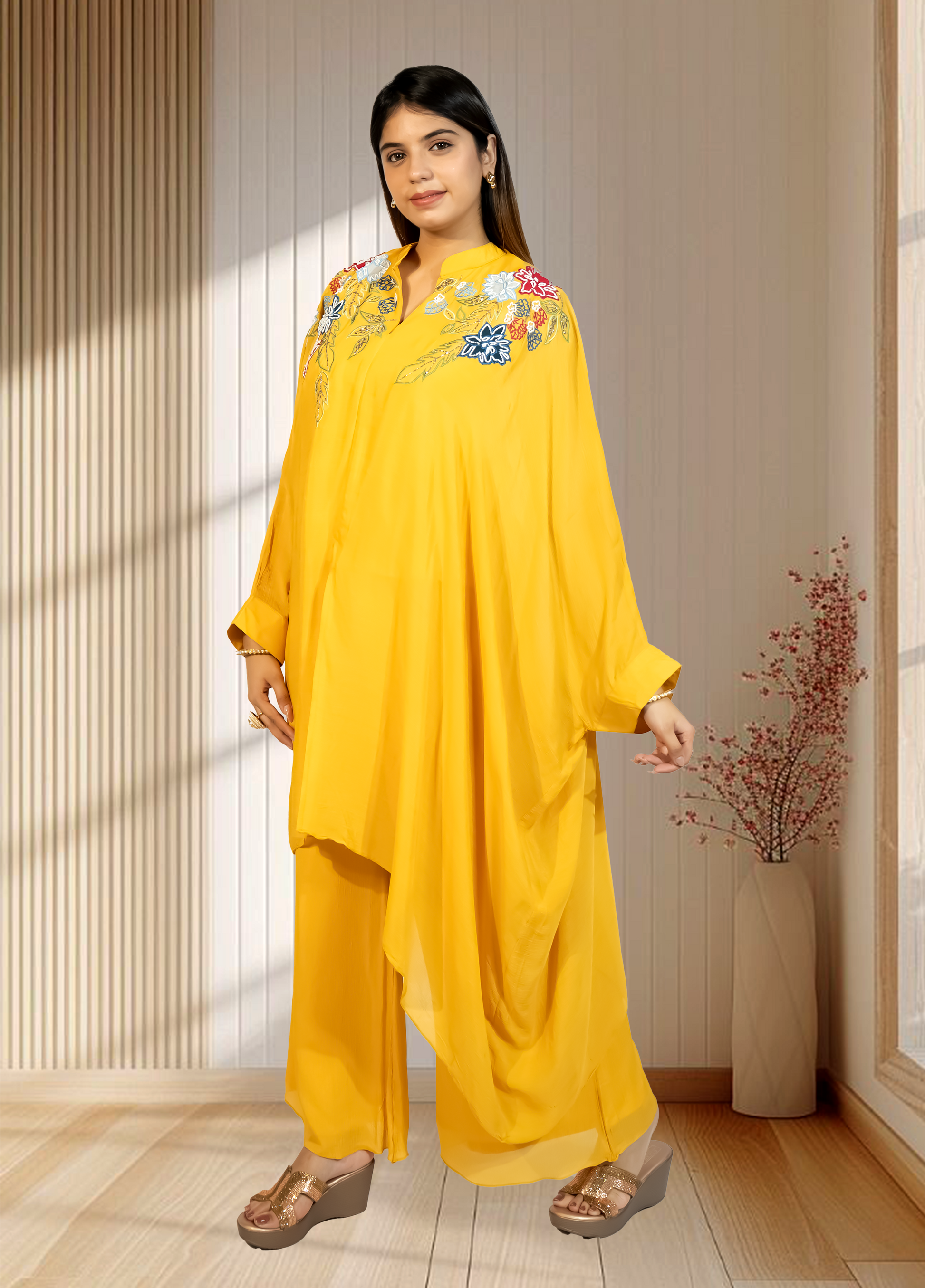 Mustard Chinon Choga with Plazo | Embroidery & Cut Dana Work | Sizes L–XXL - Bebo N Lolo