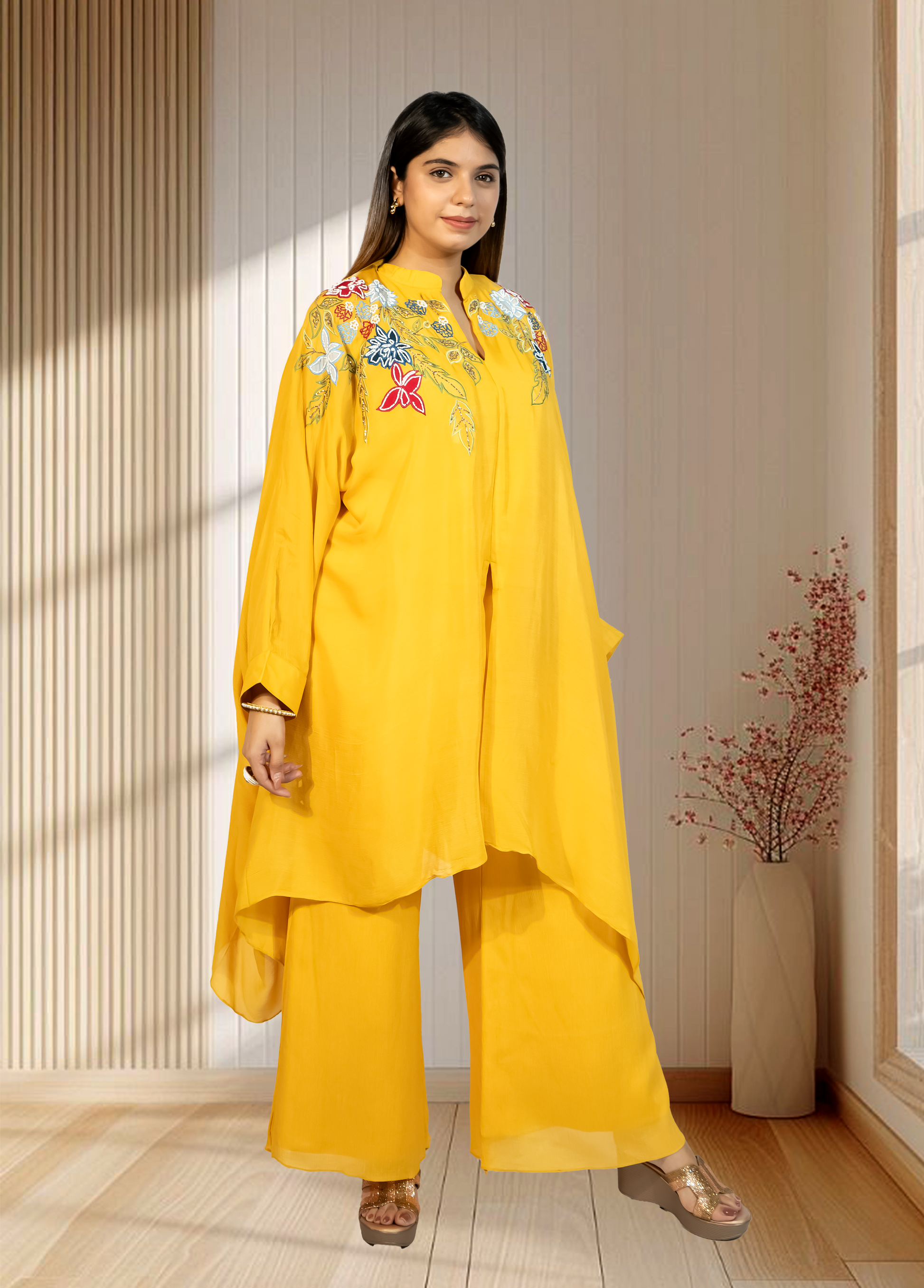 Mustard Chinon Choga with Plazo | Embroidery & Cut Dana Work | Sizes L–XXL - Bebo N Lolo