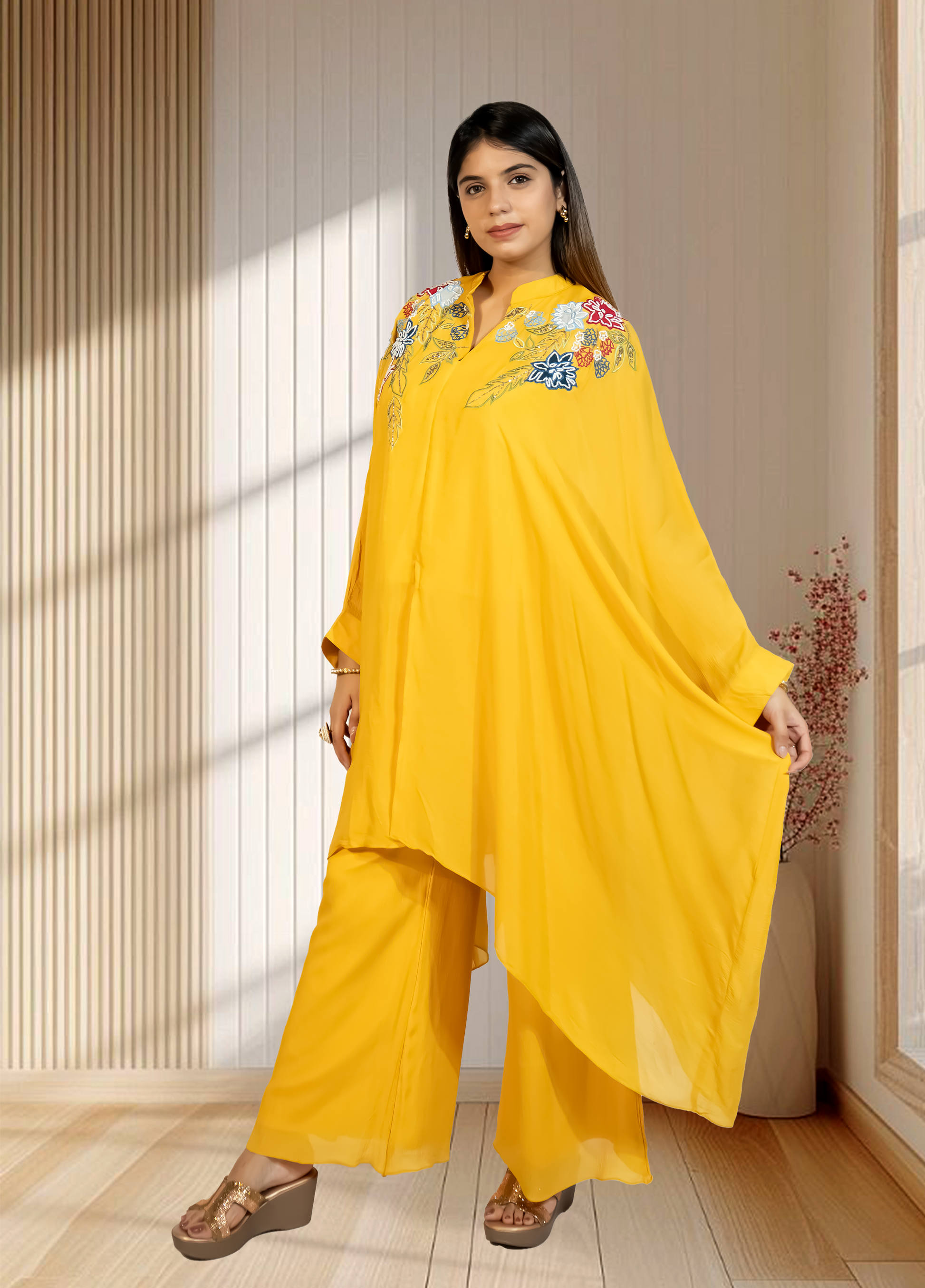 Mustard Chinon Choga with Plazo | Embroidery & Cut Dana Work | Sizes L–XXL - Bebo N Lolo