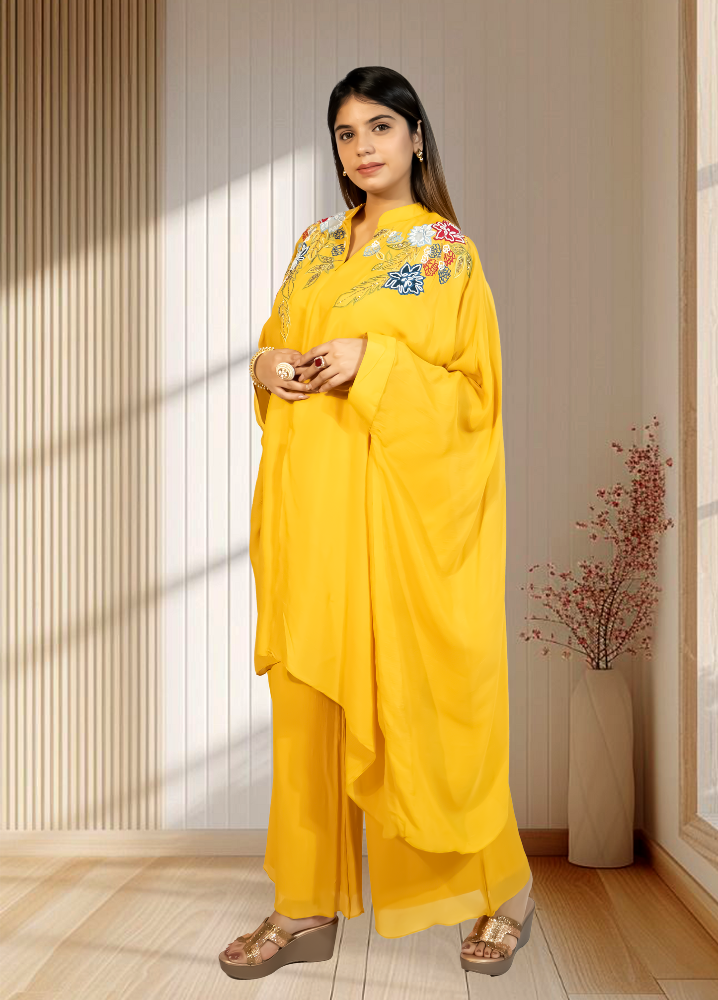 Mustard Chinon Choga with Plazo | Embroidery & Cut Dana Work | Sizes L–XXL - Bebo N Lolo