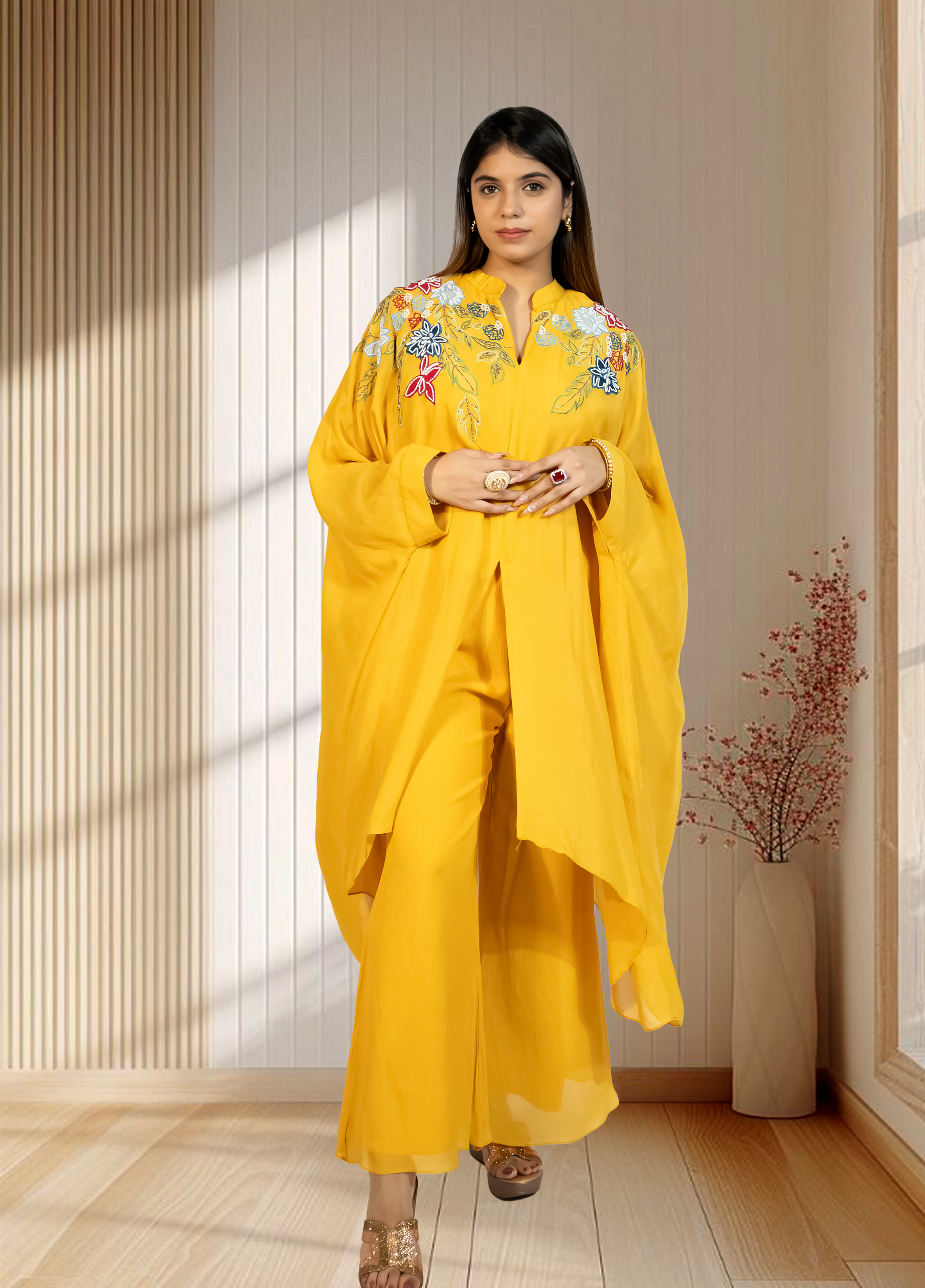 Mustard Chinon Choga with Plazo | Embroidery & Cut Dana Work | Sizes L–XXL - Bebo N Lolo