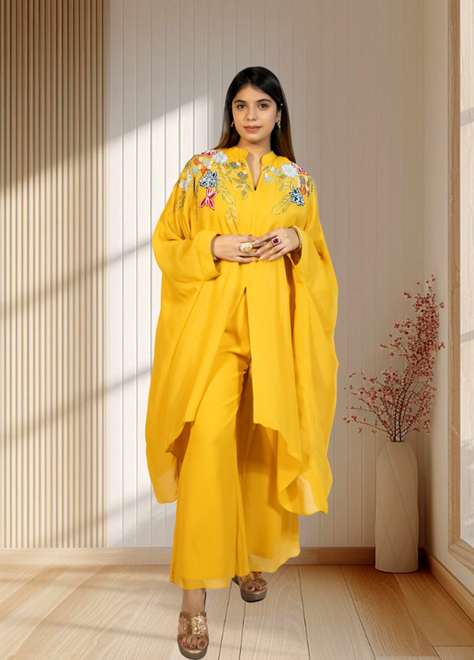 Mustard Chinon Choga with Plazo | Embroidery & Cut Dana Work | Sizes L–XXL - Bebo N Lolo