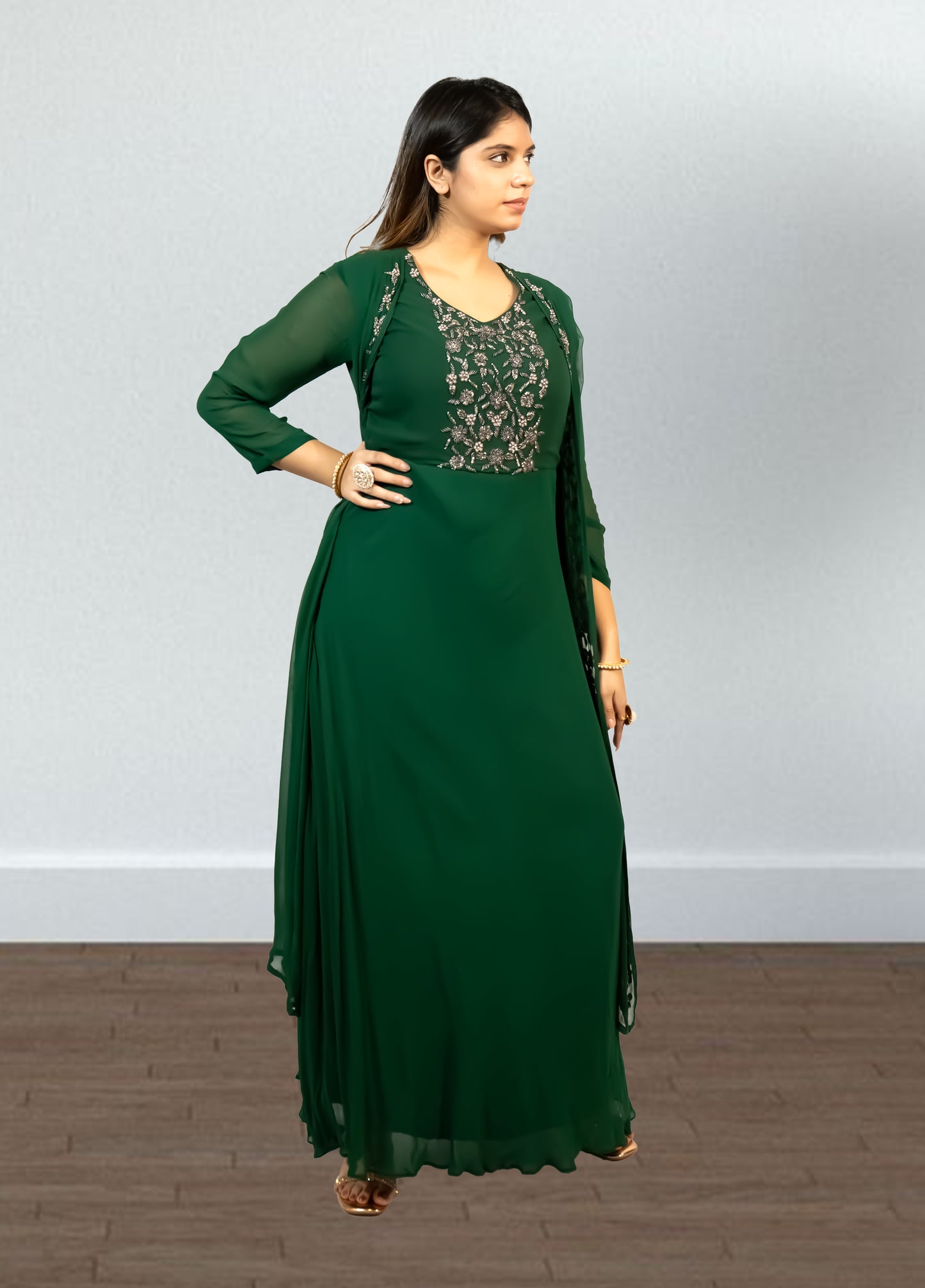 Bottle Green Pure Gorget One-Piece Gown | Cut Dana & Pearl Embroidery | Sizes M–XL - Bebo N Lolo