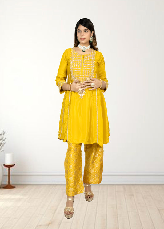 Pure Crape A-Line Cord Set with Brocket Palazzo | Jari, Sirozki & Cut Dana Work | Mustard & Hot Pink | Sizes L–XXL - Bebo N Lolo