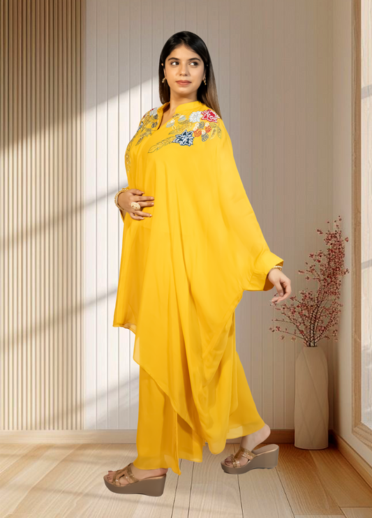 Mustard Chinon Choga with Plazo | Embroidery & Cut Dana Work | Sizes L–XXL - Bebo N Lolo