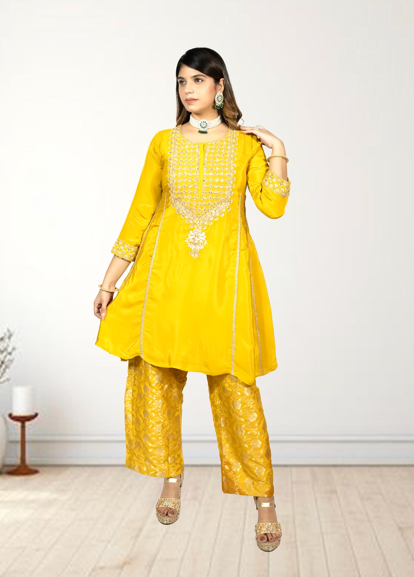 Pure Crape A-Line Cord Set with Brocket Palazzo | Jari, Sirozki & Cut Dana Work | Mustard & Hot Pink | Sizes L–XXL - Bebo N Lolo