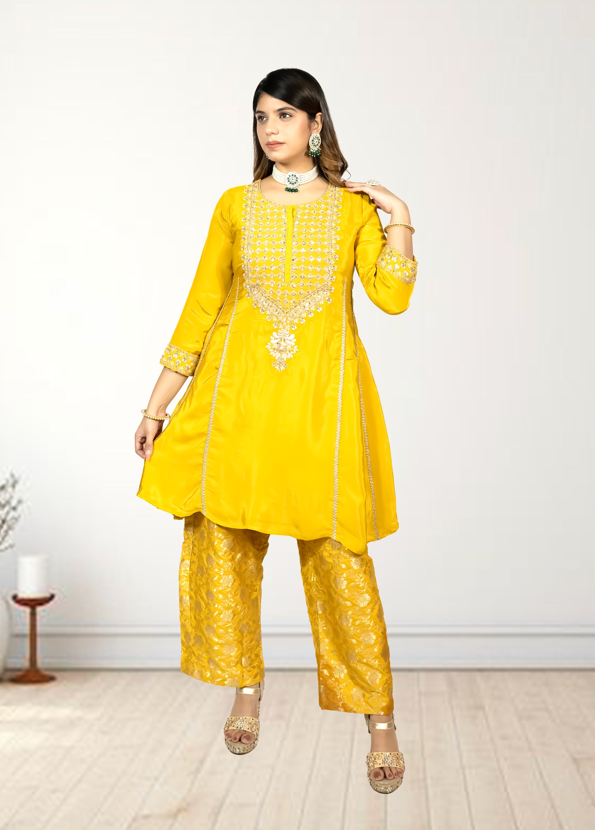 Pure Crape A-Line Cord Set with Brocket Palazzo | Jari, Sirozki & Cut Dana Work | Mustard & Hot Pink | Sizes L–XXL - Bebo N Lolo