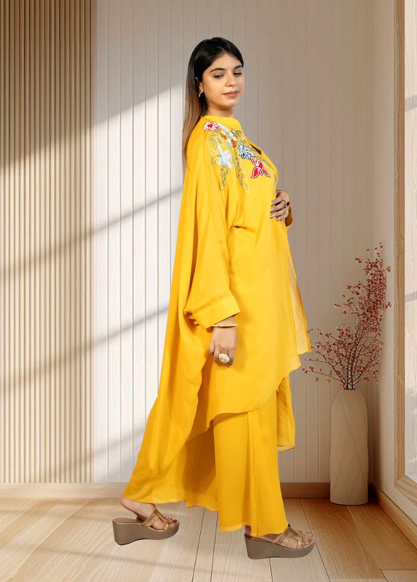 Mustard Chinon Choga with Plazo | Embroidery & Cut Dana Work | Sizes L–XXL - Bebo N Lolo