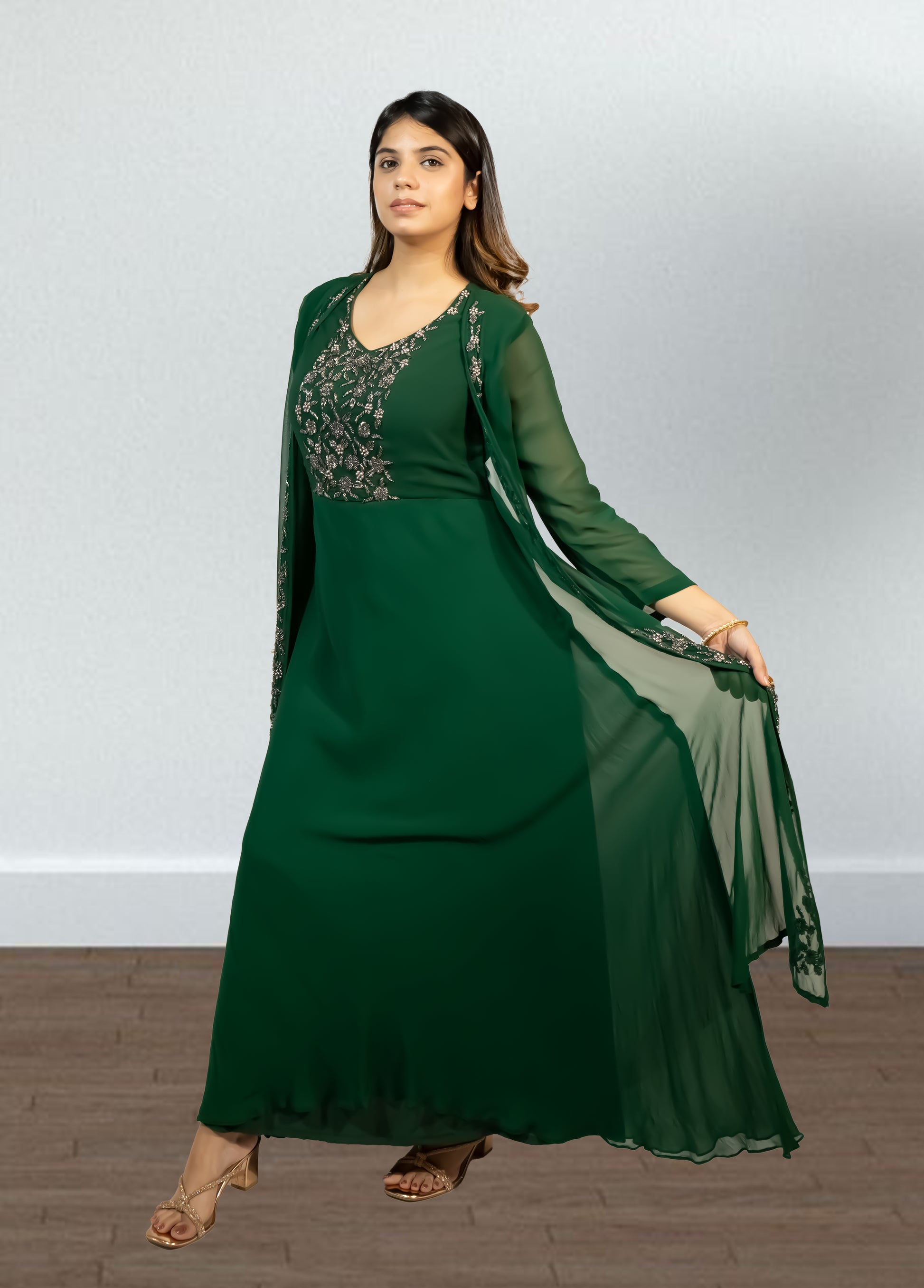 Bottle Green Pure Gorget One-Piece Gown | Cut Dana & Pearl Embroidery | Sizes M–XL - Bebo N Lolo