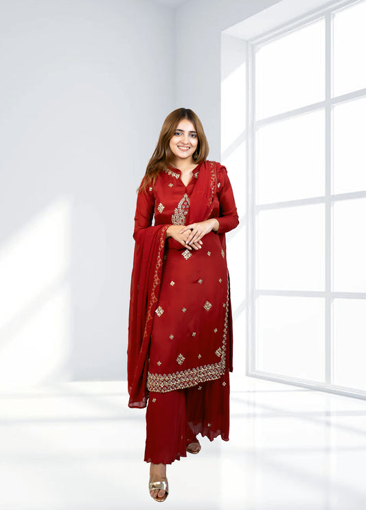 Red Chinnon Garara Suit with Shirt & Four-Side Bordered Dupatta | Gota & Dabka Work | Sizes M–XL - Bebo N Lolo