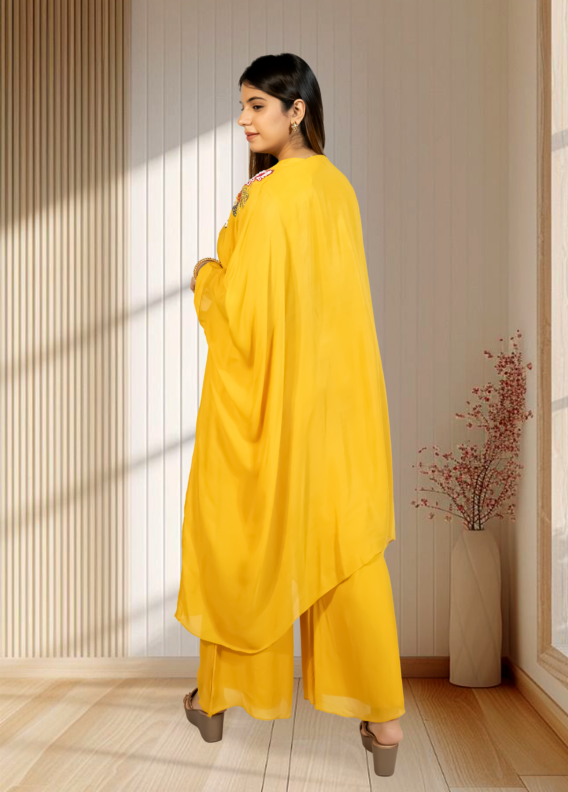 Mustard Chinon Choga with Plazo | Embroidery & Cut Dana Work | Sizes L–XXL - Bebo N Lolo
