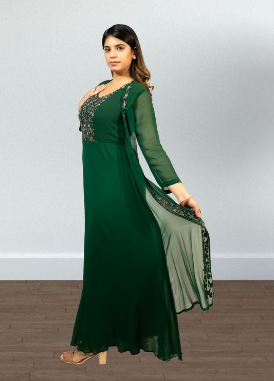 Bottle Green Pure Gorget One-Piece Gown | Cut Dana & Pearl Embroidery | Sizes M–XL - Bebo N Lolo