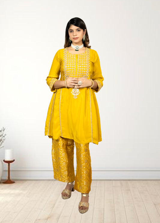 Pure Crape A-Line Cord Set with Brocket Palazzo | Jari, Sirozki & Cut Dana Work | Mustard & Hot Pink | Sizes L–XXL - Bebo N Lolo