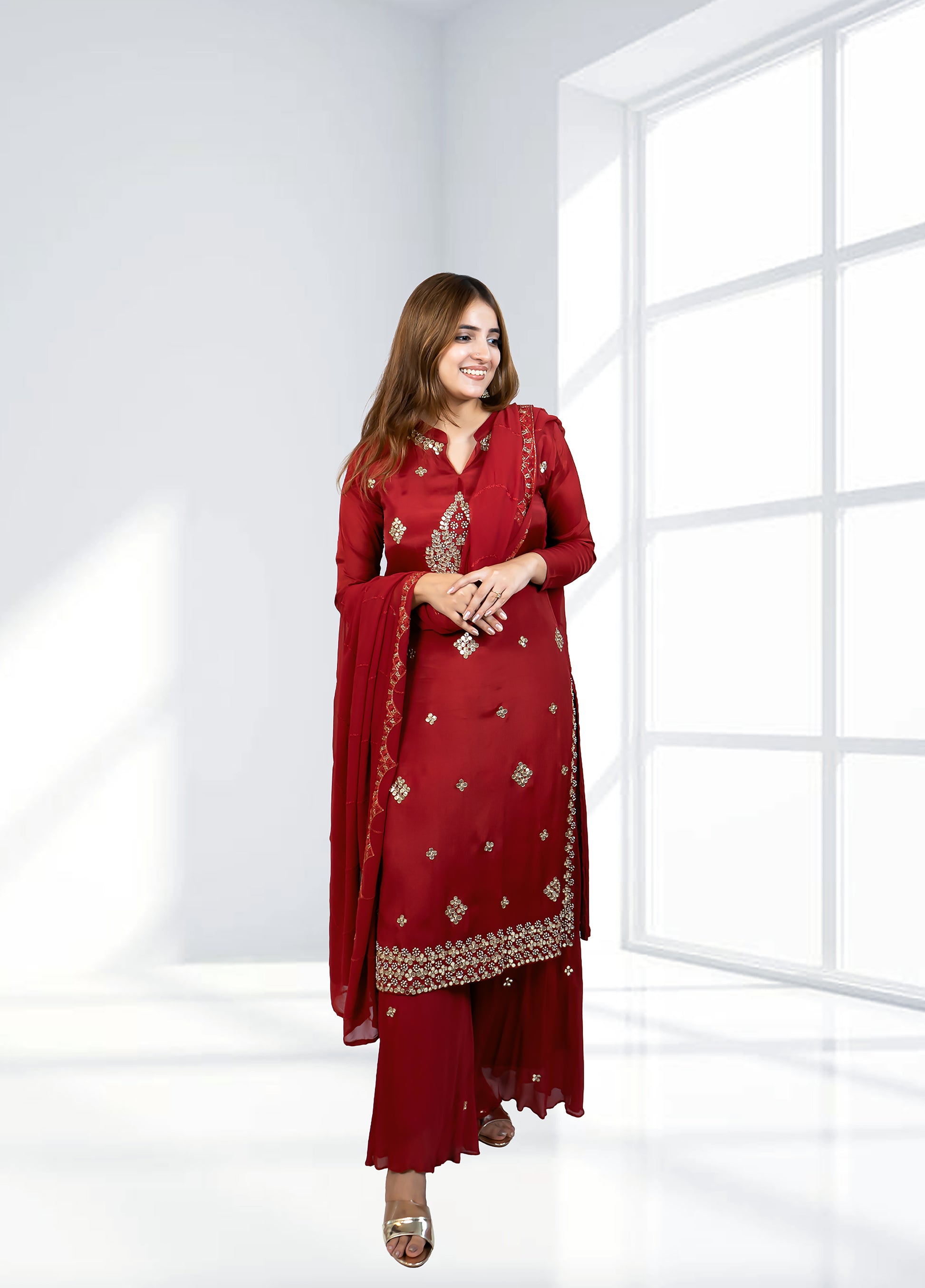 Red Chinnon Garara Suit with Shirt & Four-Side Bordered Dupatta | Gota & Dabka Work | Sizes M–XL - Bebo N Lolo