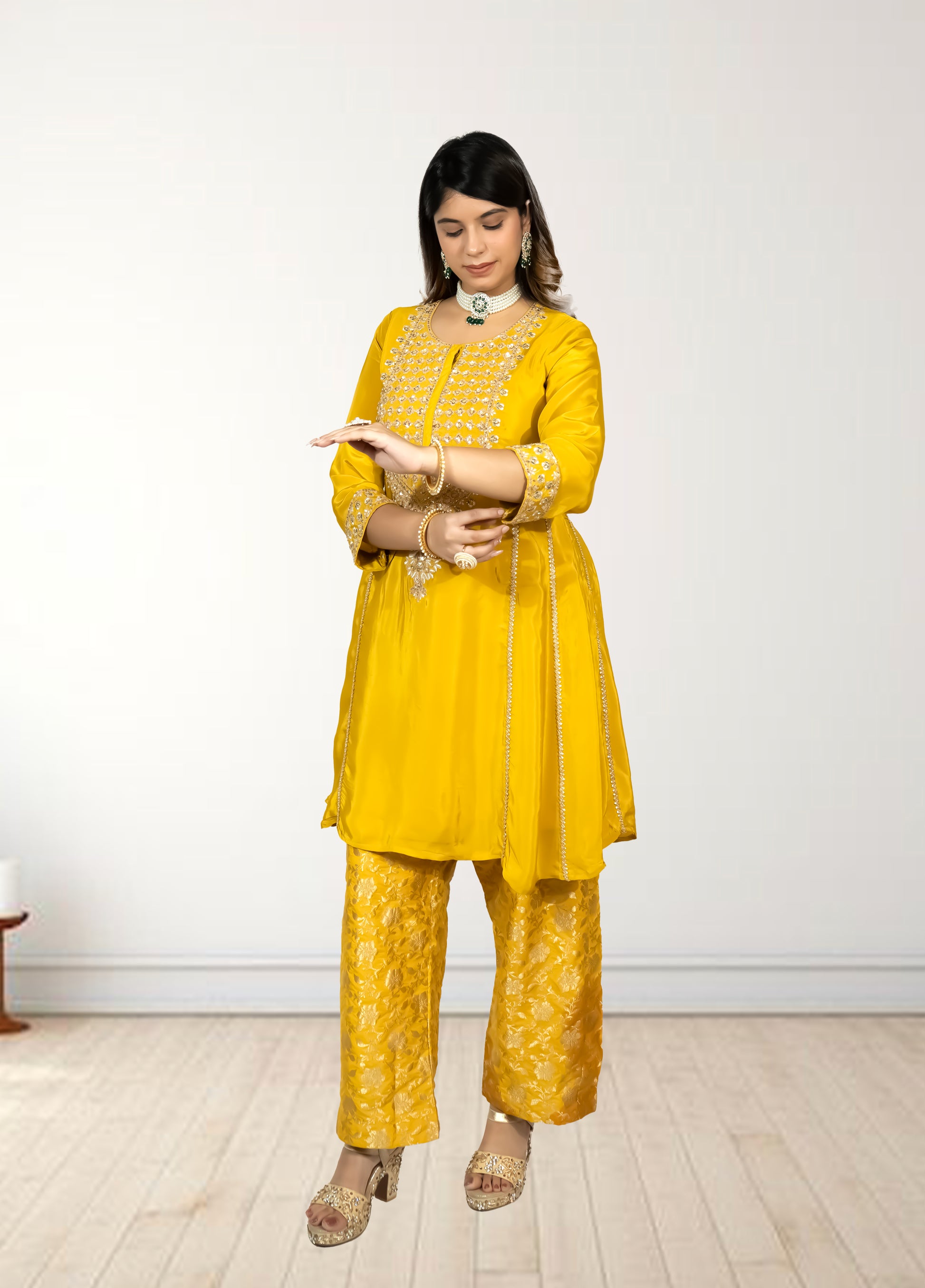 Pure Crape A-Line Cord Set with Brocket Palazzo | Jari, Sirozki & Cut Dana Work | Mustard & Hot Pink | Sizes L–XXL - Bebo N Lolo