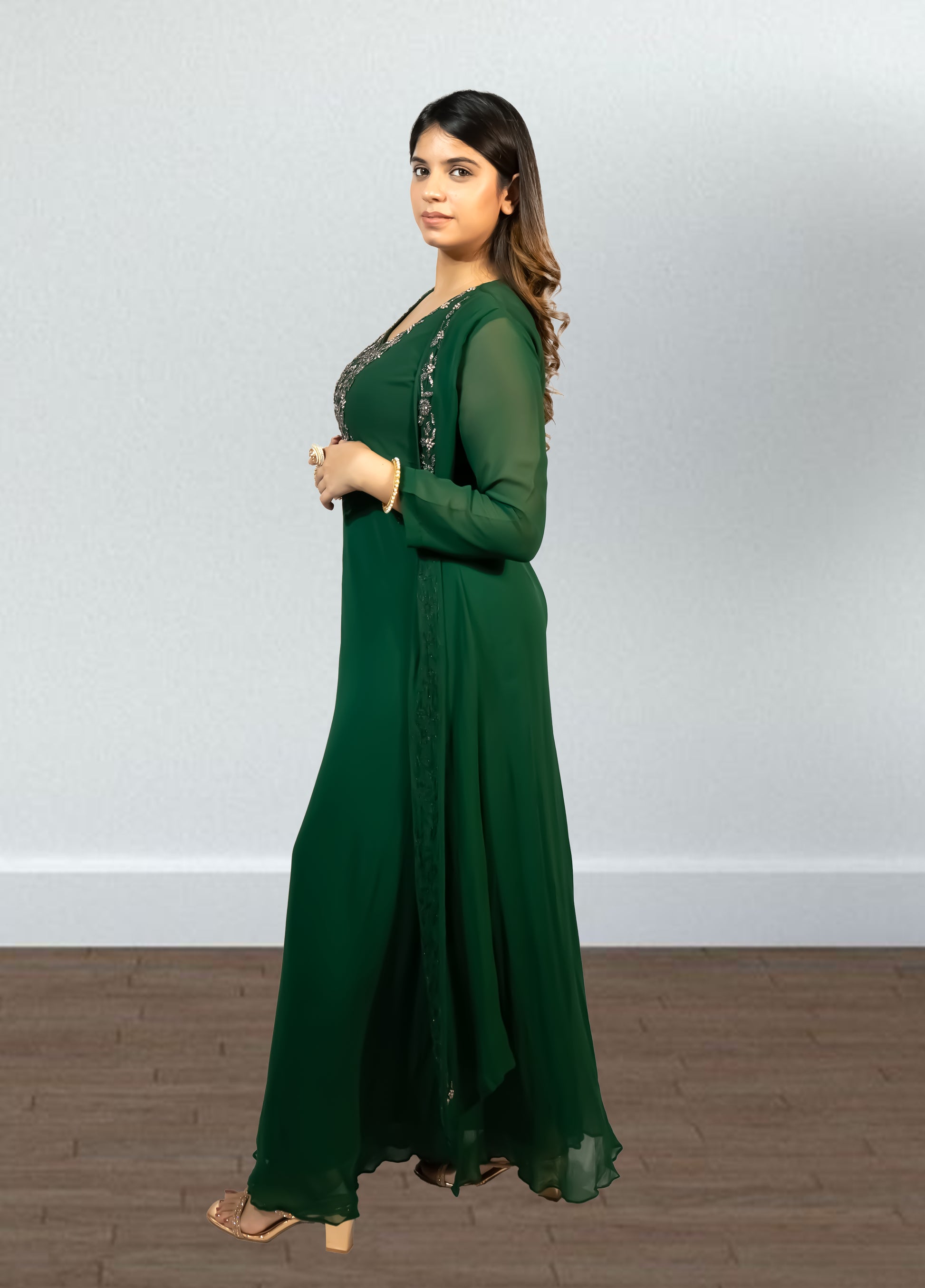 Bottle Green Pure Gorget One-Piece Gown | Cut Dana & Pearl Embroidery | Sizes M–XL - Bebo N Lolo
