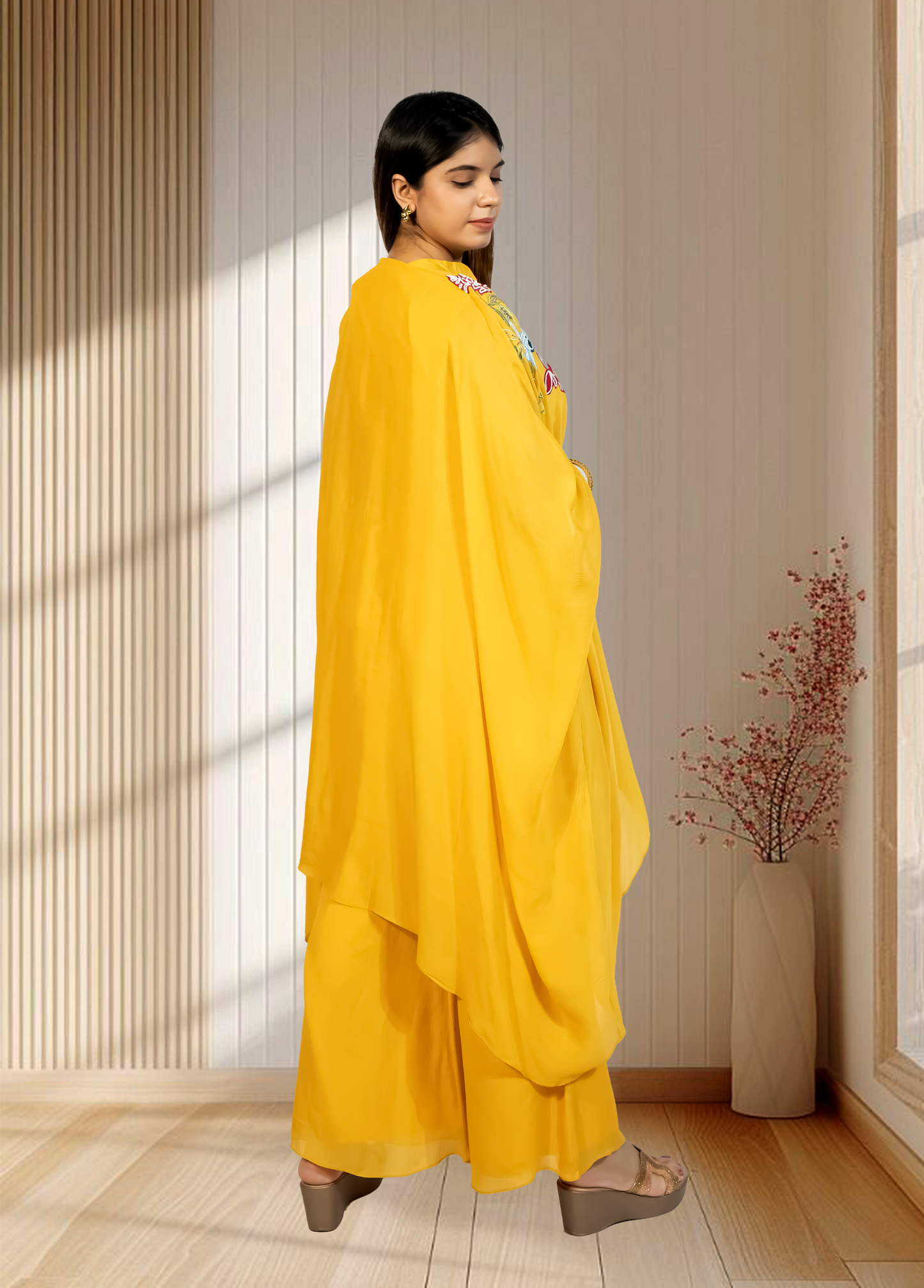 Mustard Chinon Choga with Plazo | Embroidery & Cut Dana Work | Sizes L–XXL - Bebo N Lolo