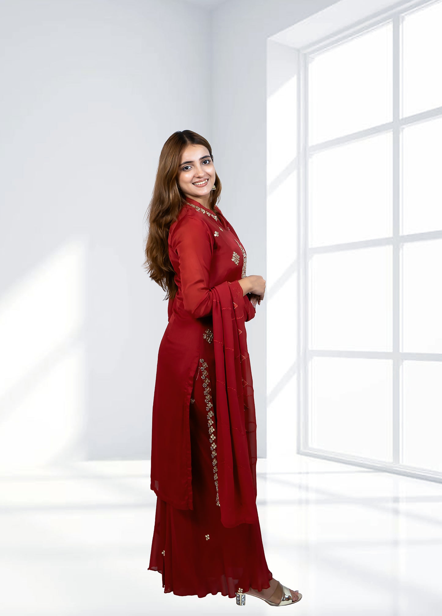Red Chinnon Garara Suit with Shirt & Four-Side Bordered Dupatta | Gota & Dabka Work | Sizes M–XL - Bebo N Lolo