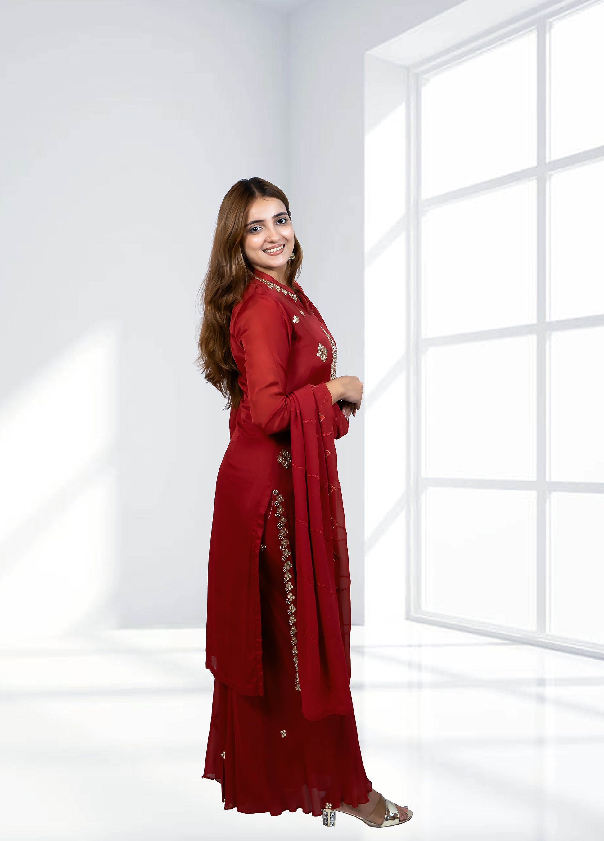 Red Chinnon Garara Suit with Shirt & Four-Side Bordered Dupatta | Gota & Dabka Work | Sizes M–XL - Bebo N Lolo