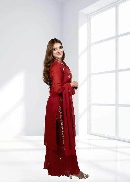 Red Chinnon Garara Suit with Shirt & Four-Side Bordered Dupatta | Gota & Dabka Work | Sizes M–XL - Bebo N Lolo