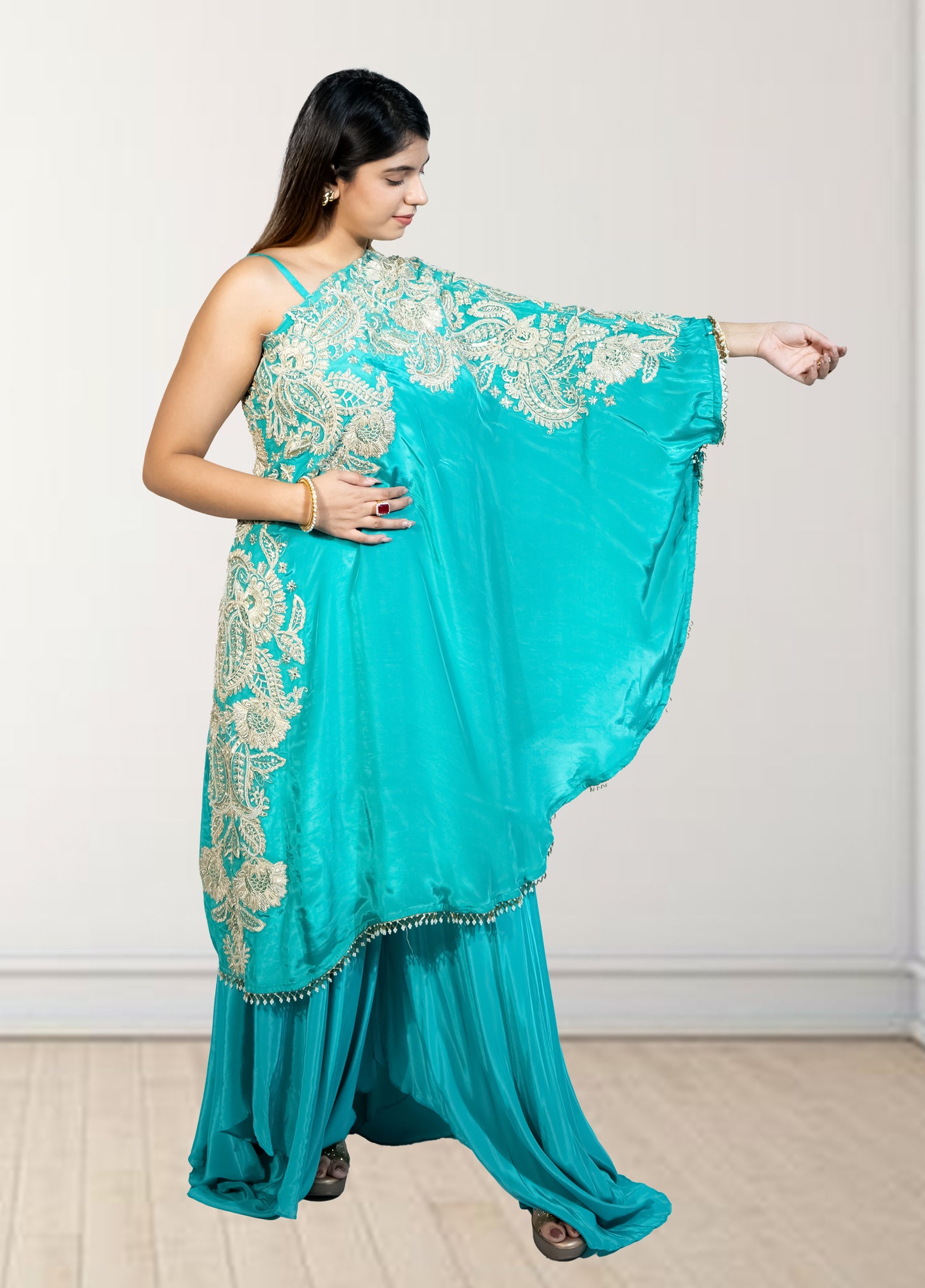Rama Green Off-Shoulder Cape with Sharara & Breastiser | Pearl, Lace, Cut Dana & Sequence Work | Indo Western | Sizes L–XXL - Bebo N Lolo