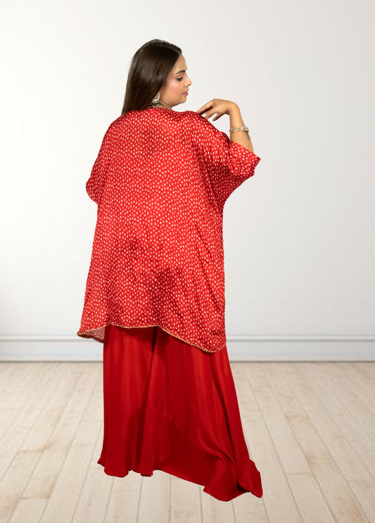 Red Chinon Bandhani Print Loose Palazzo Choga | Sequence & Cut Dana Work - Bebo N Lolo