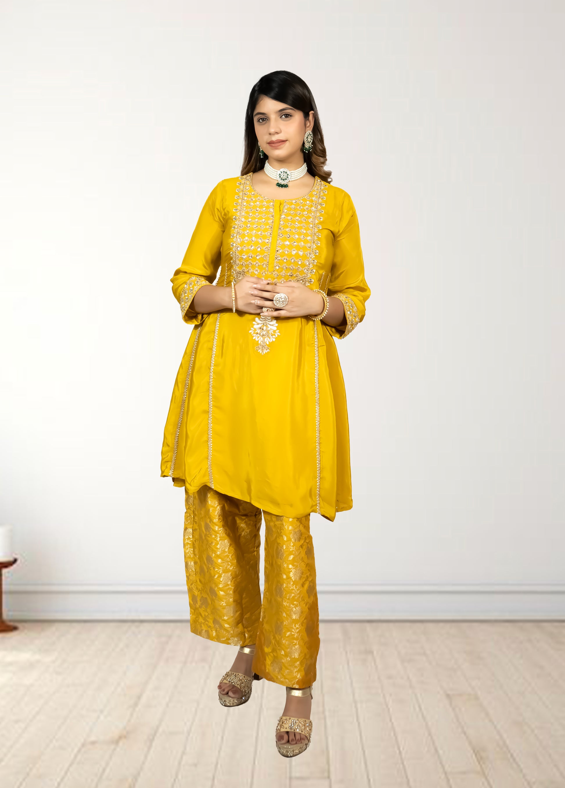 Pure Crape A-Line Cord Set with Brocket Palazzo | Jari, Sirozki & Cut Dana Work | Mustard & Hot Pink | Sizes L–XXL - Bebo N Lolo