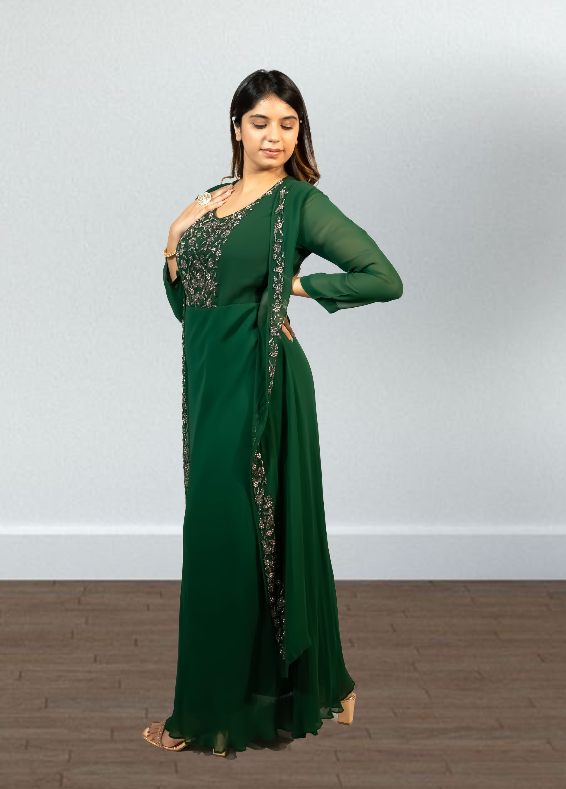 Bottle Green Pure Gorget One-Piece Gown | Cut Dana & Pearl Embroidery | Sizes M–XL - Bebo N Lolo