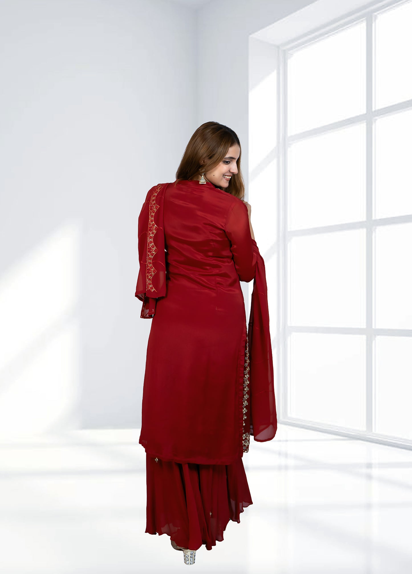 Red Chinnon Garara Suit with Shirt & Four-Side Bordered Dupatta | Gota & Dabka Work | Sizes M–XL - Bebo N Lolo