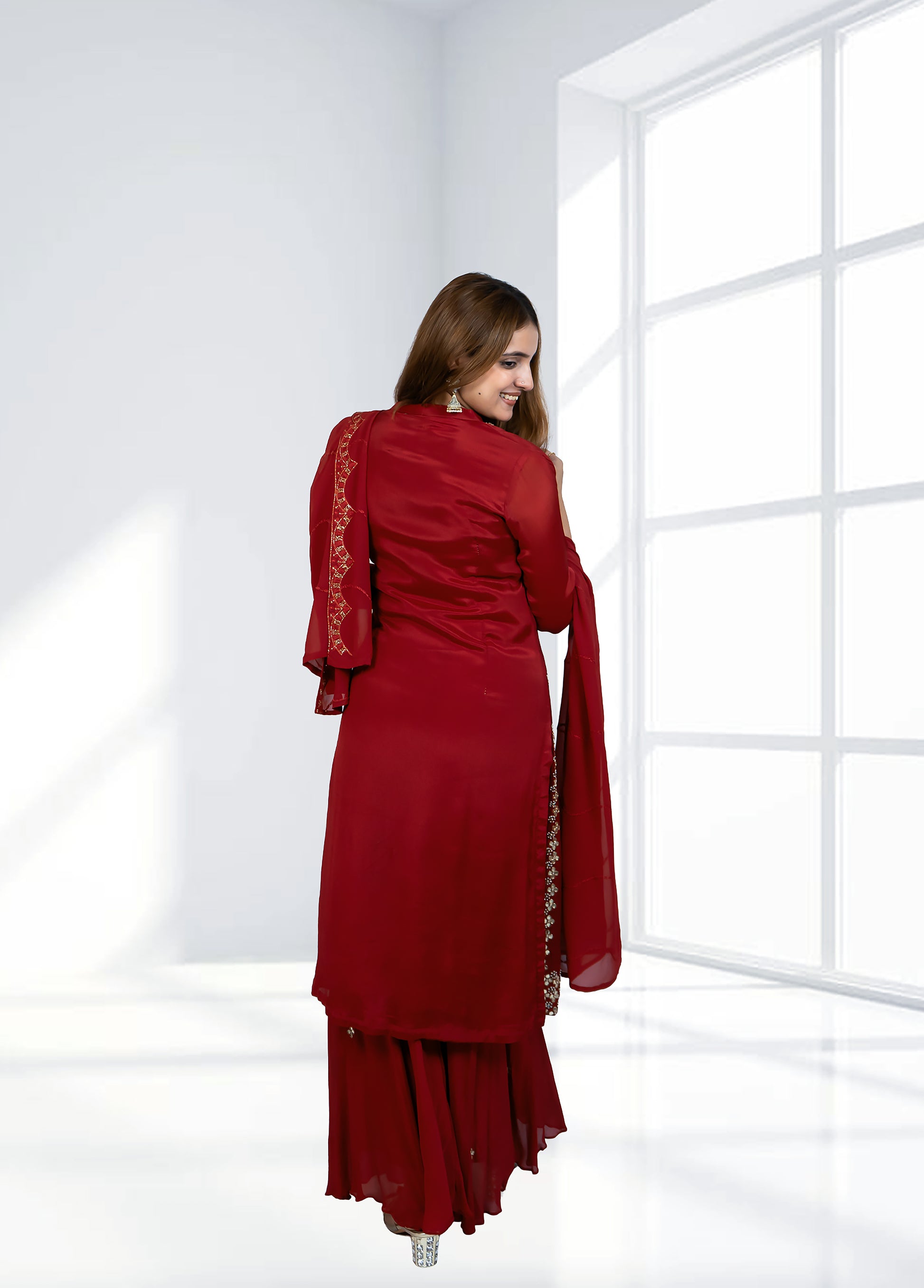 Red Chinnon Garara Suit with Shirt & Four-Side Bordered Dupatta | Gota & Dabka Work | Sizes M–XL - Bebo N Lolo