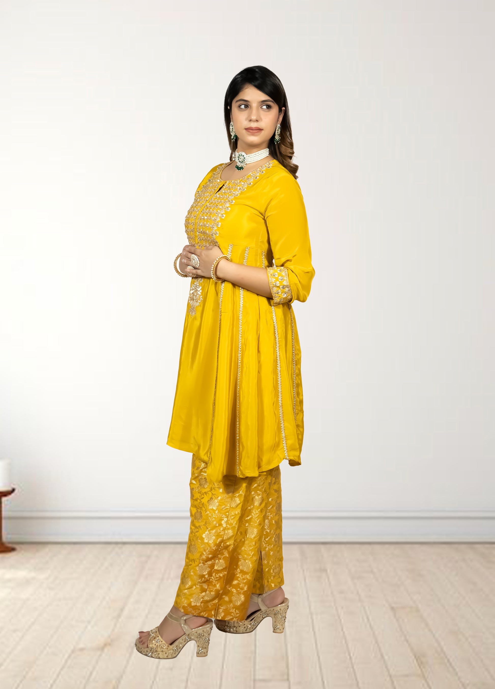 Pure Crape A-Line Cord Set with Brocket Palazzo | Jari, Sirozki & Cut Dana Work | Mustard & Hot Pink | Sizes L–XXL - Bebo N Lolo