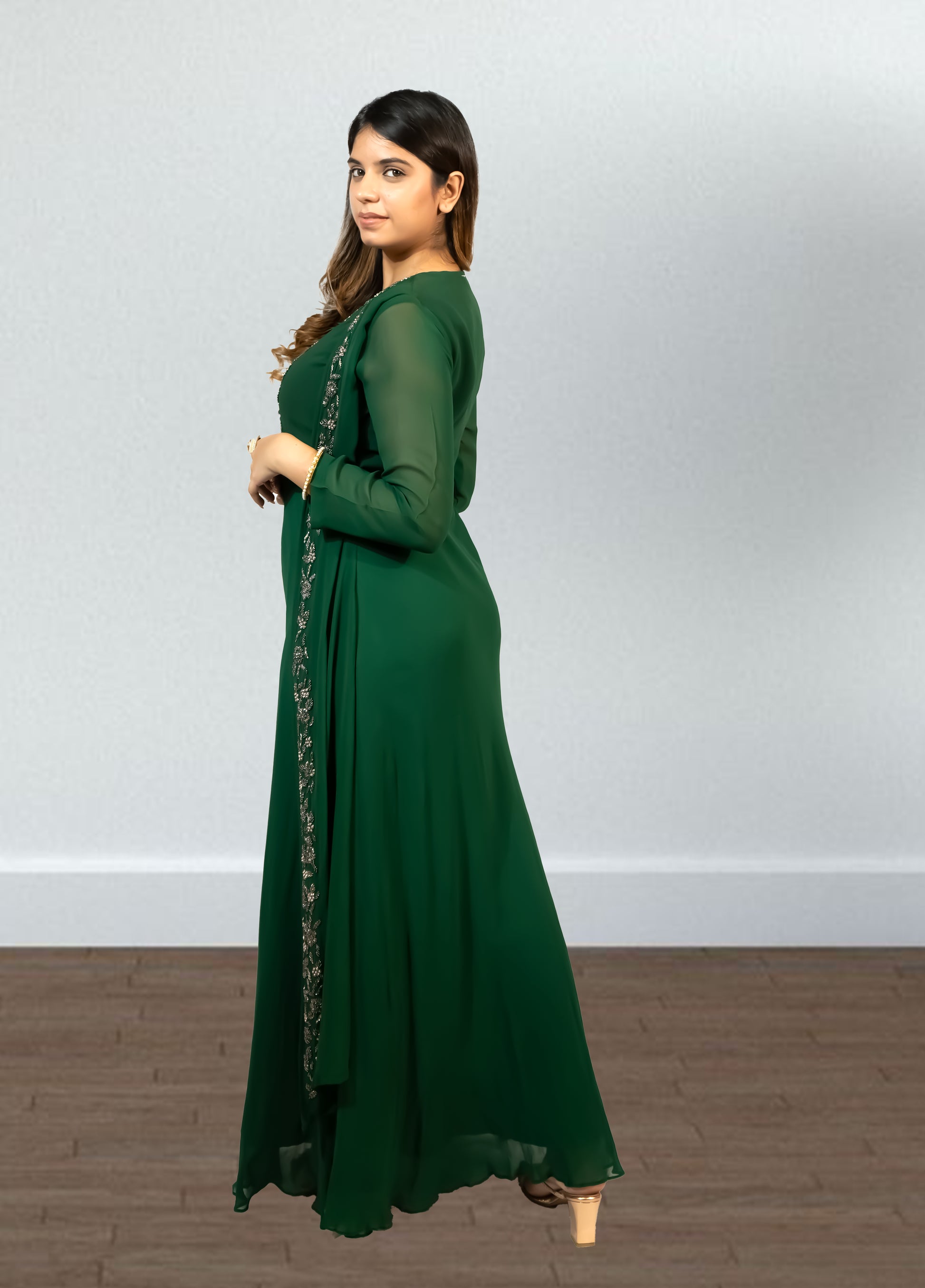 Bottle Green Pure Gorget One-Piece Gown | Cut Dana & Pearl Embroidery | Sizes M–XL - Bebo N Lolo