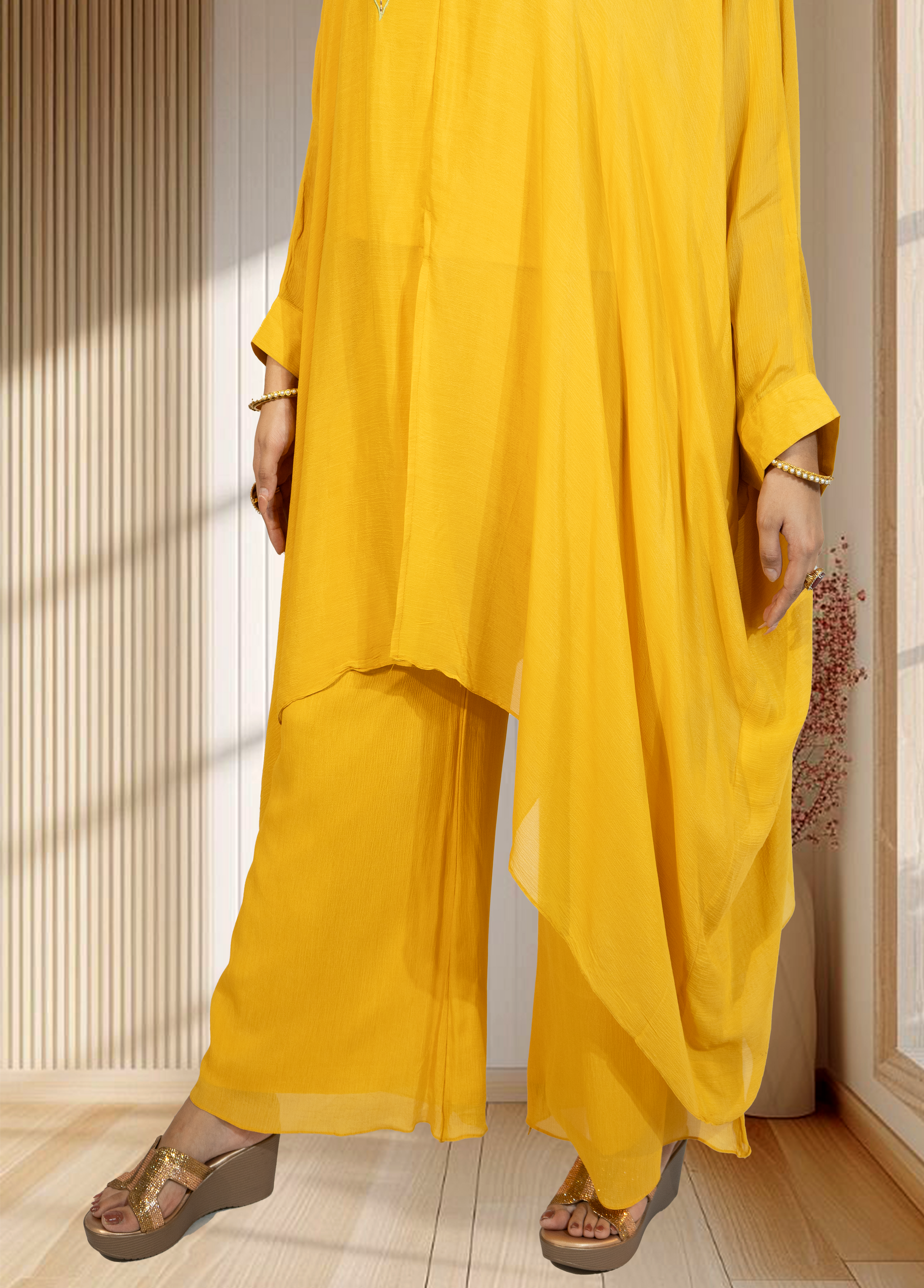 Mustard Chinon Choga with Plazo | Embroidery & Cut Dana Work | Sizes L–XXL - Bebo N Lolo