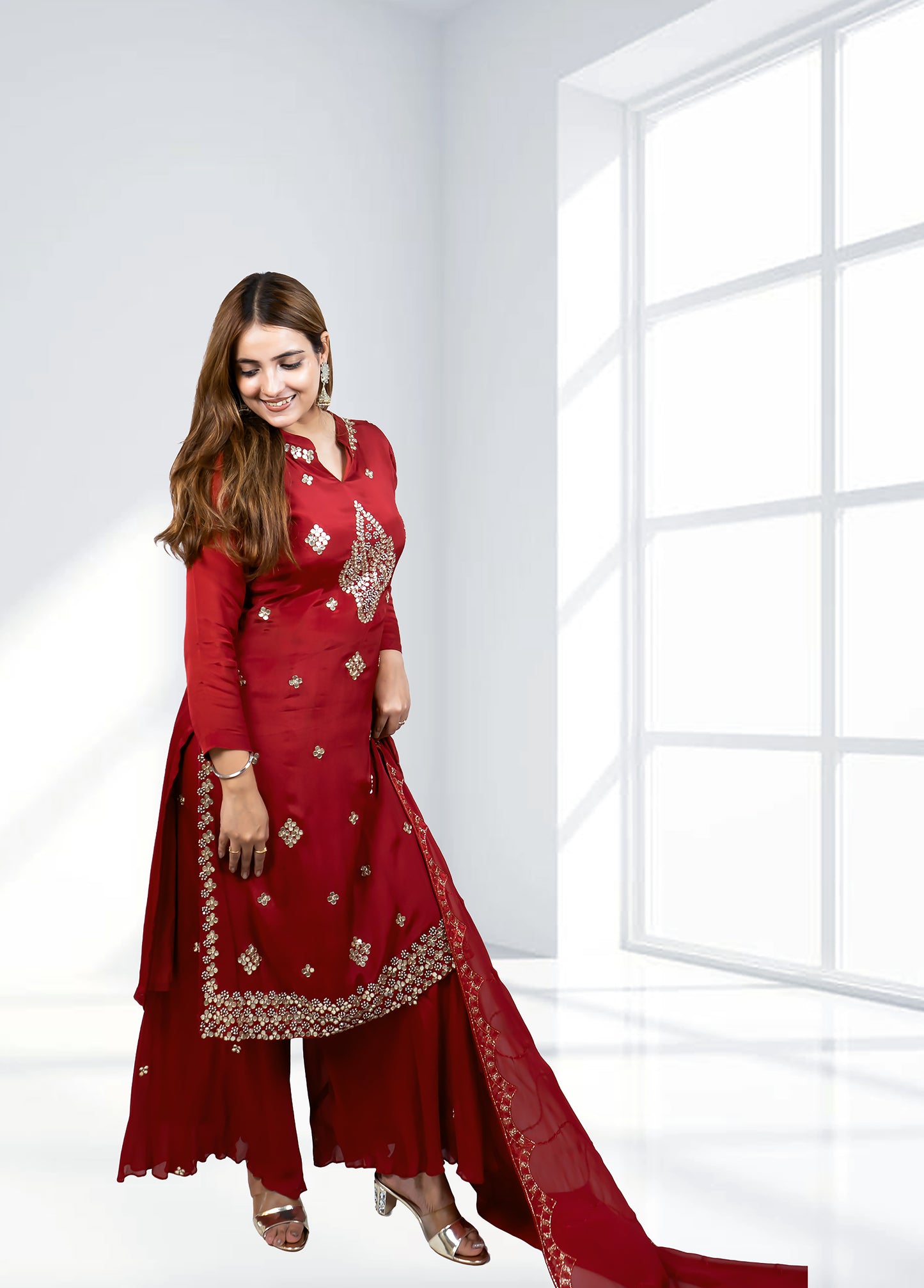 Red Chinnon Garara Suit with Shirt & Four-Side Bordered Dupatta | Gota & Dabka Work | Sizes M–XL - Bebo N Lolo