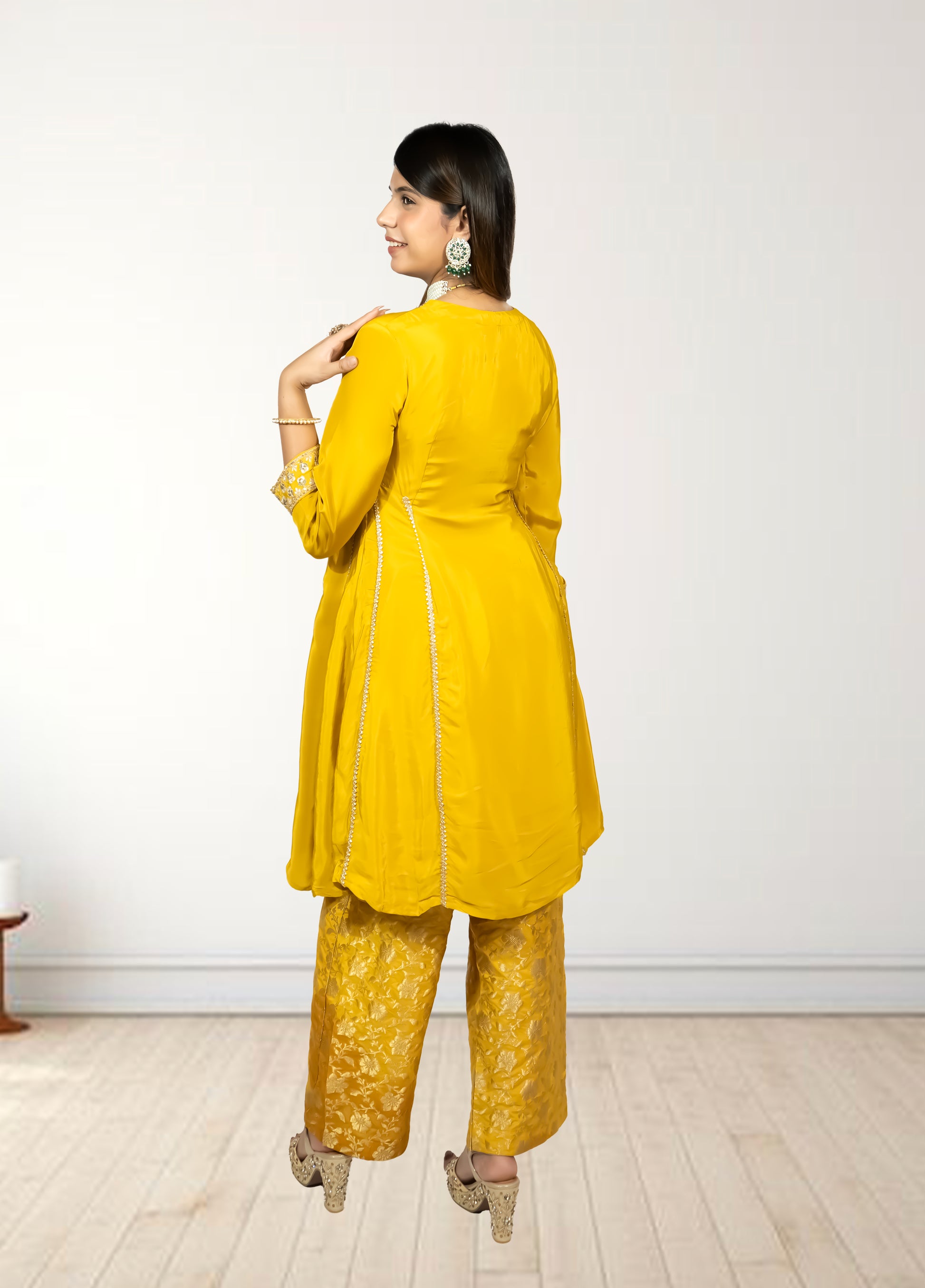 Pure Crape A-Line Cord Set with Brocket Palazzo | Jari, Sirozki & Cut Dana Work | Mustard & Hot Pink | Sizes L–XXL - Bebo N Lolo
