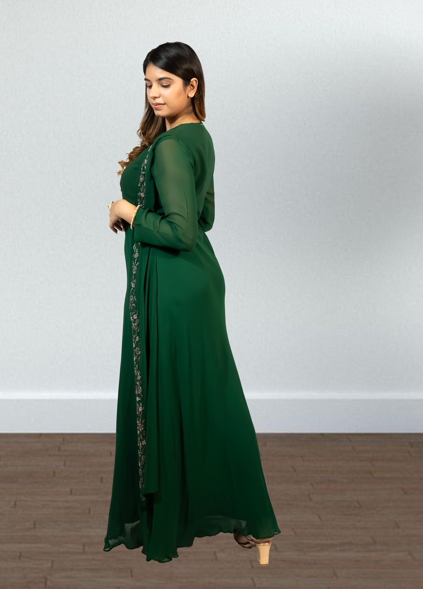 Bottle Green Pure Gorget One-Piece Gown | Cut Dana & Pearl Embroidery | Sizes M–XL - Bebo N Lolo