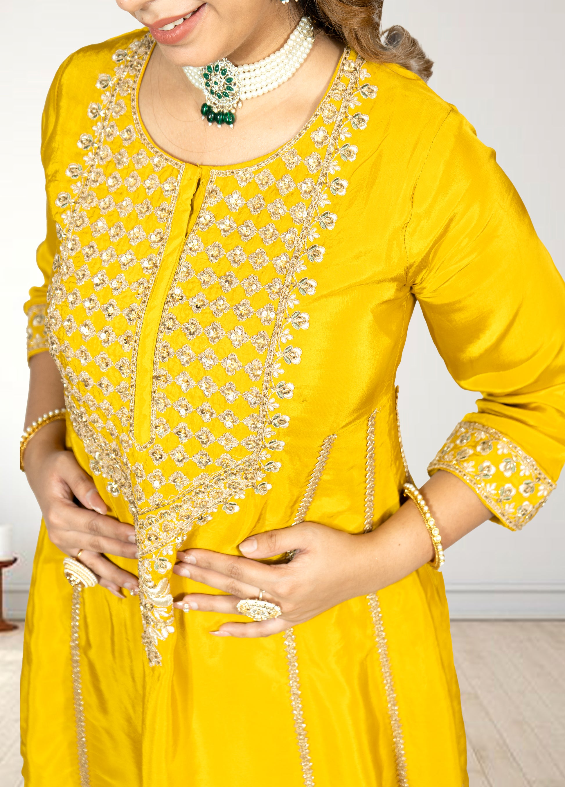 Pure Crape A-Line Cord Set with Brocket Palazzo | Jari, Sirozki & Cut Dana Work | Mustard & Hot Pink | Sizes L–XXL - Bebo N Lolo