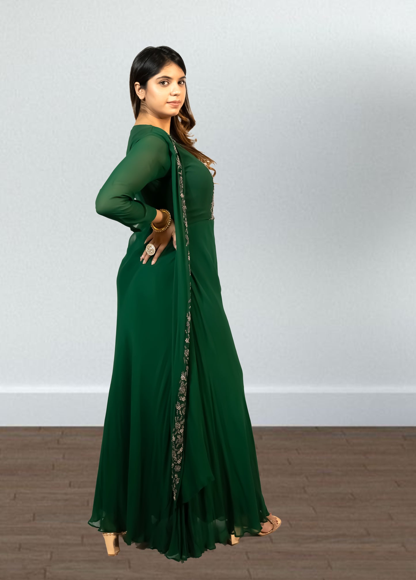 Bottle Green Pure Gorget One-Piece Gown | Cut Dana & Pearl Embroidery | Sizes M–XL - Bebo N Lolo