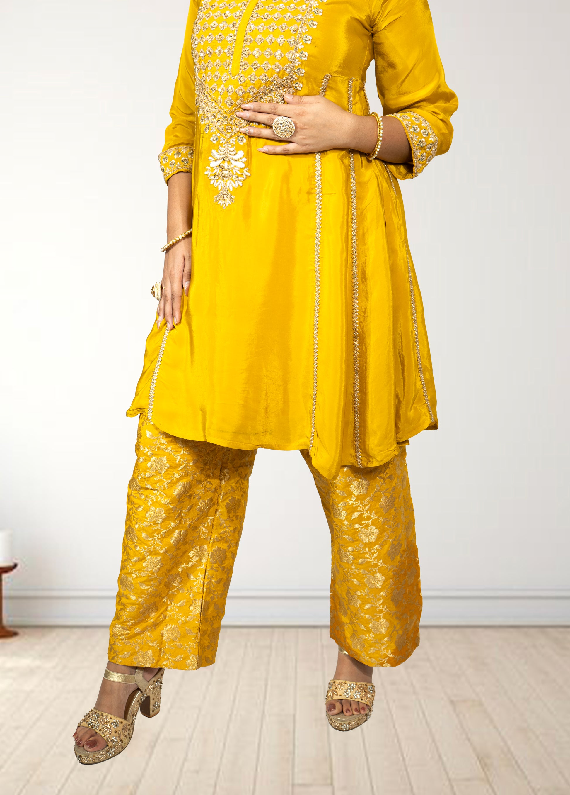 Pure Crape A-Line Cord Set with Brocket Palazzo | Jari, Sirozki & Cut Dana Work | Mustard & Hot Pink | Sizes L–XXL - Bebo N Lolo