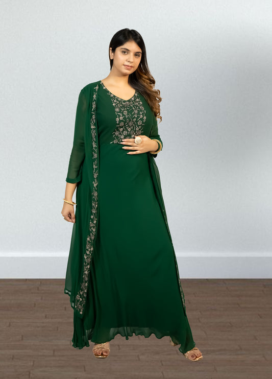 Bottle Green Pure Gorget One-Piece Gown | Cut Dana & Pearl Embroidery | Sizes M–XL - Bebo N Lolo