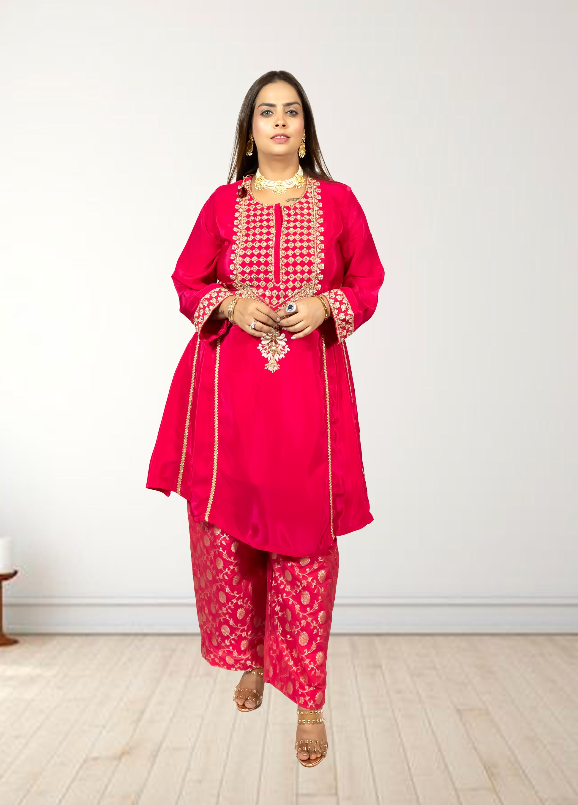 Pure Crape A-Line Cord Set with Brocket Palazzo | Jari, Sirozki & Cut Dana Work | Mustard & Hot Pink | Sizes L–XXL - Bebo N Lolo